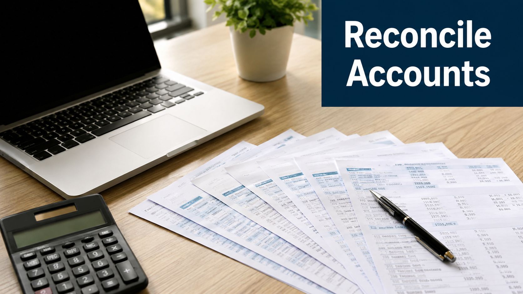 A professional workspace featuring a laptop, calculator, and financial documents to reconcile accounts for business auditing.