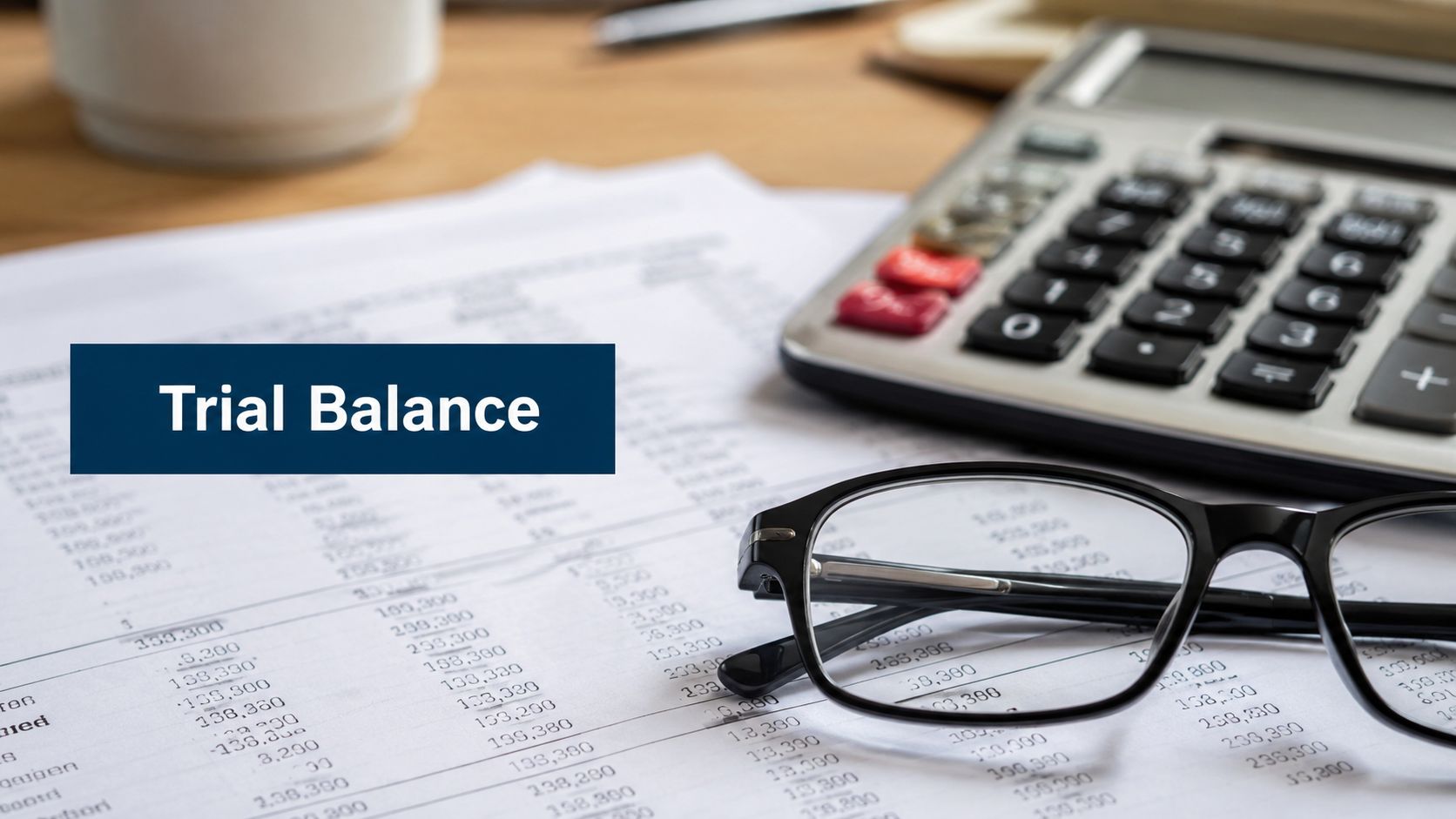 A close-up view of a trial balance document with reading glasses and a calculator on a desk.