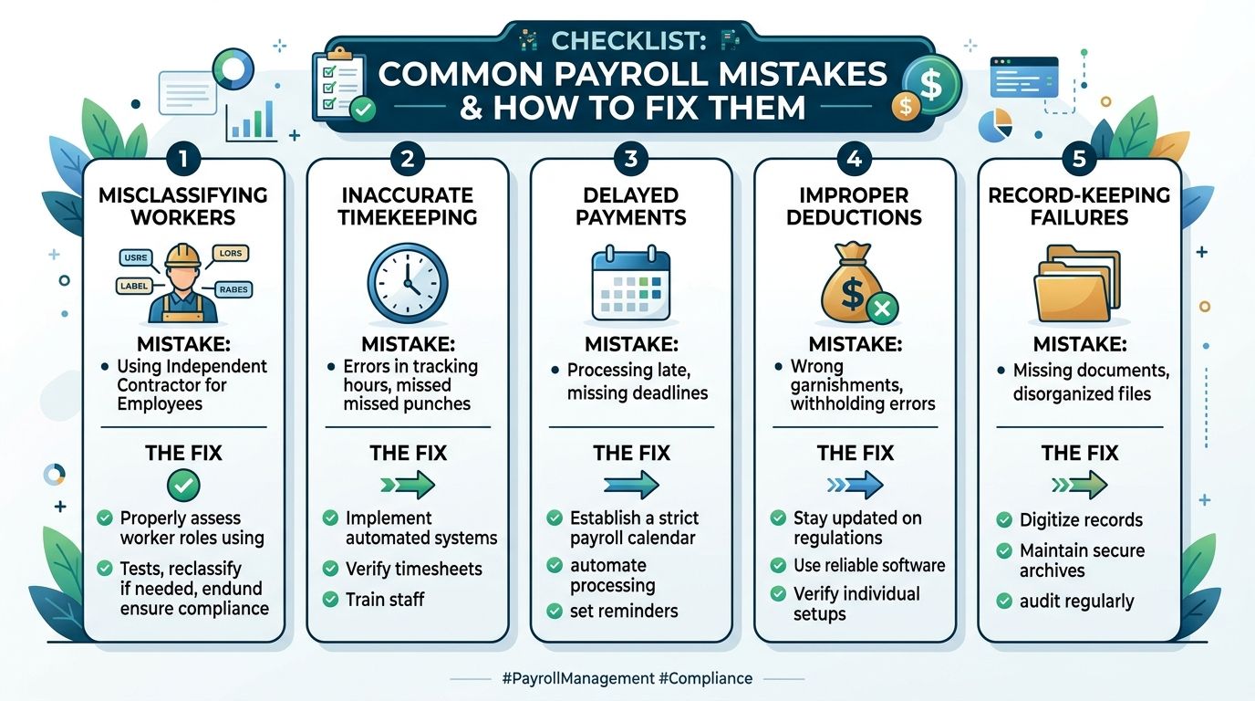 A checklist infographic detailing five common payroll mistakes and their respective solutions for better compliance.