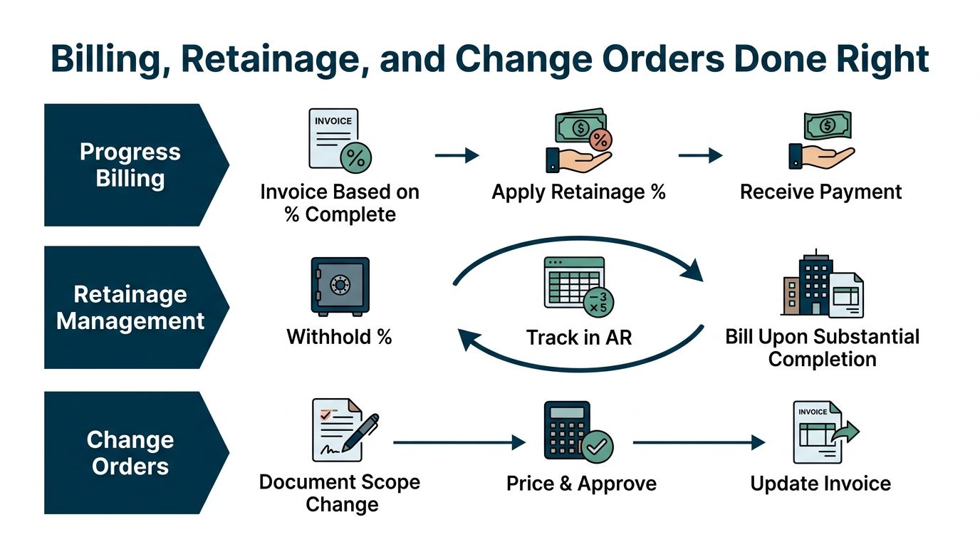 A diagram illustrating the process of progress billing, retainage management, and change orders for construction projects.