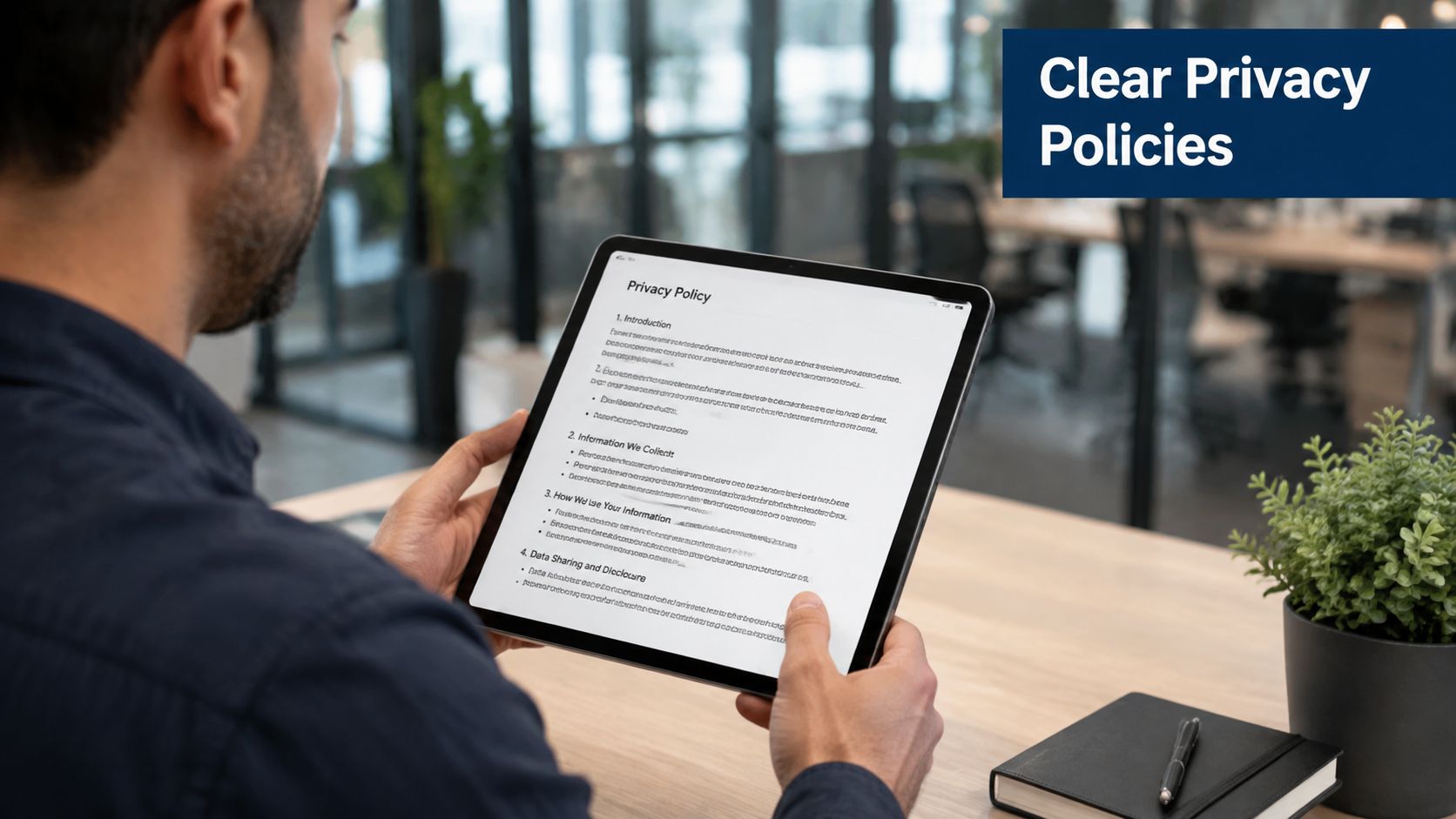 A professional man holding a tablet displaying a clear privacy policy document in an office setting.