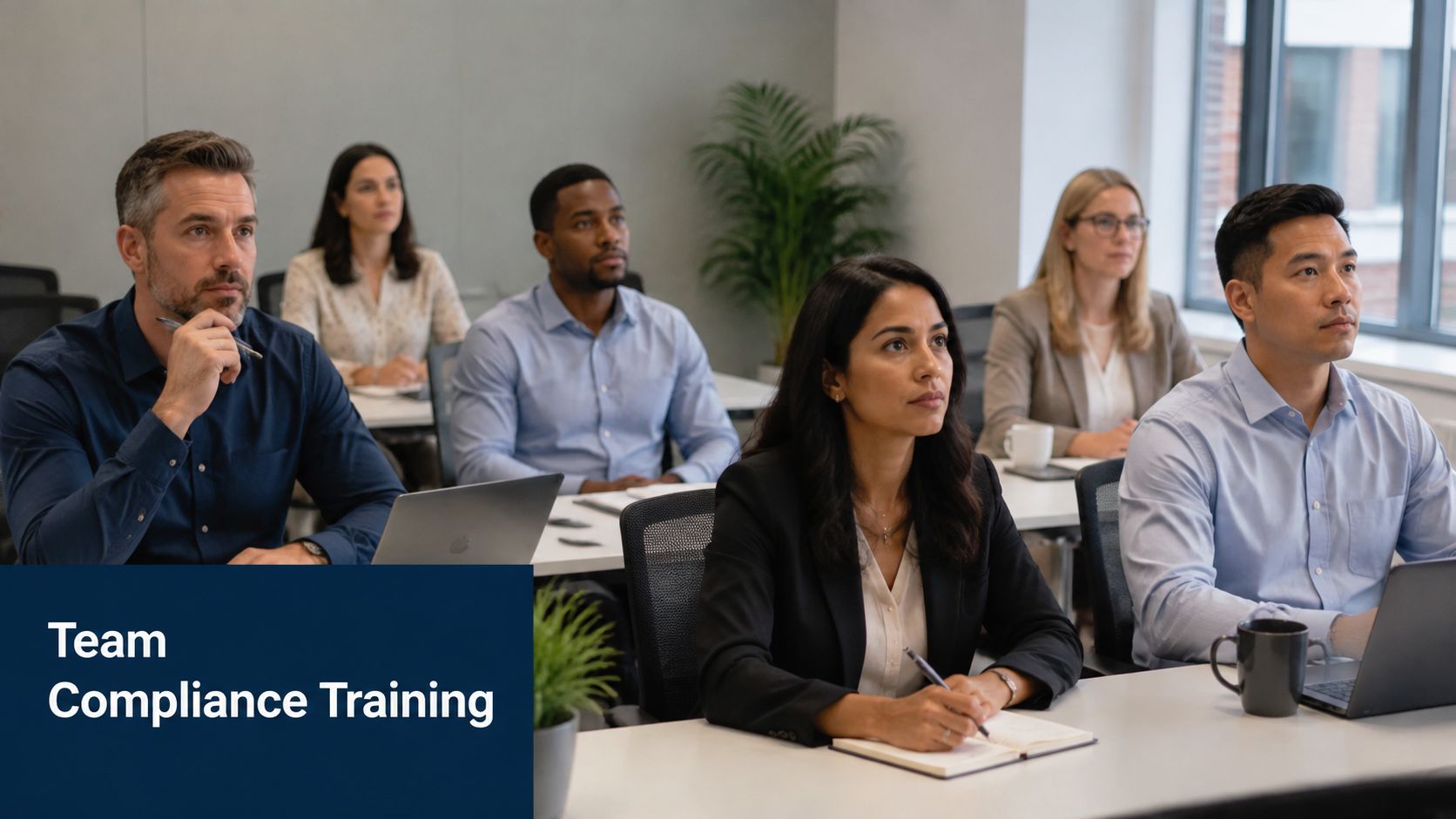 A diverse group of professional colleagues attending a business training session in a modern office boardroom.