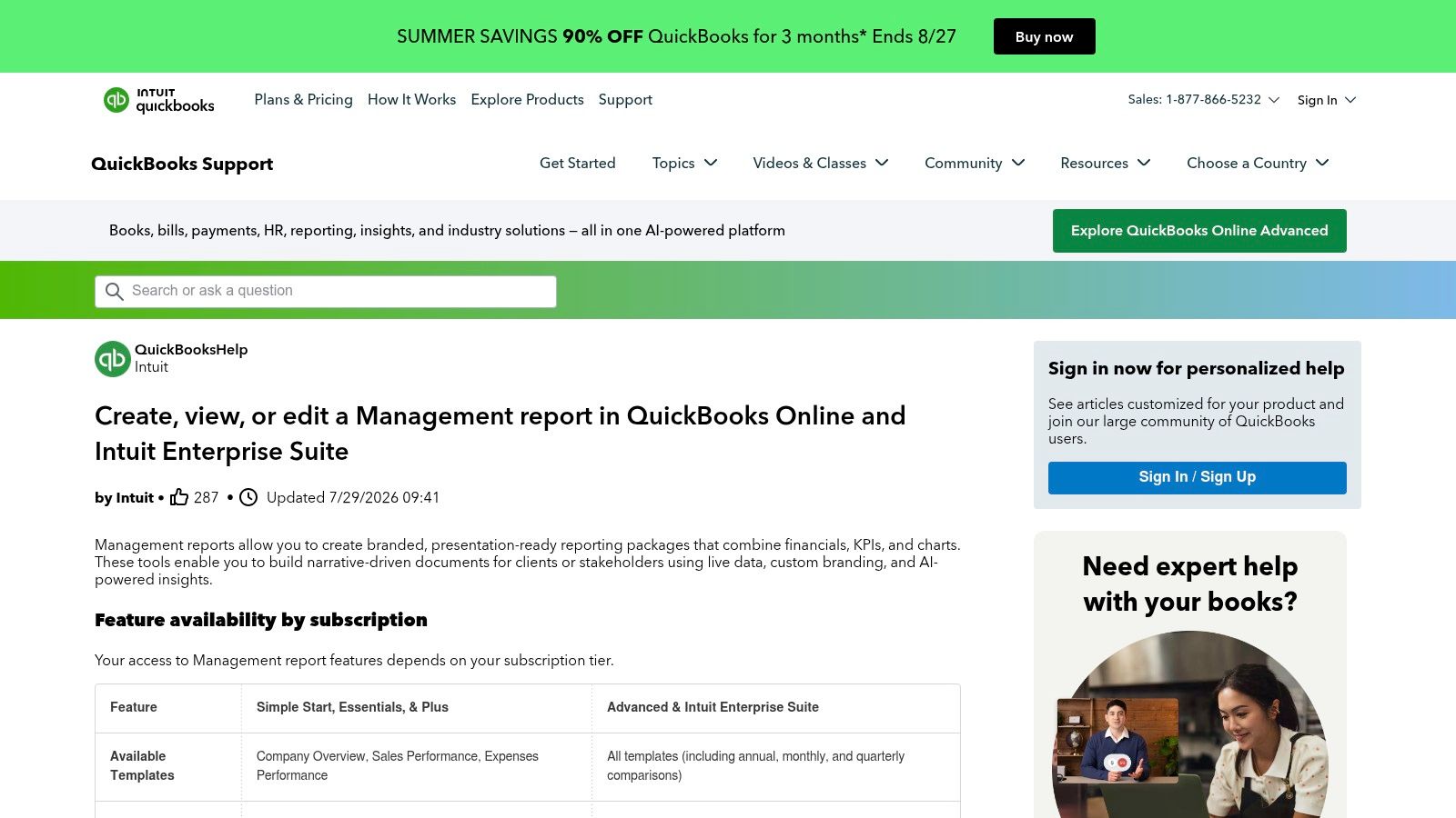 QuickBooks Online Management Reports