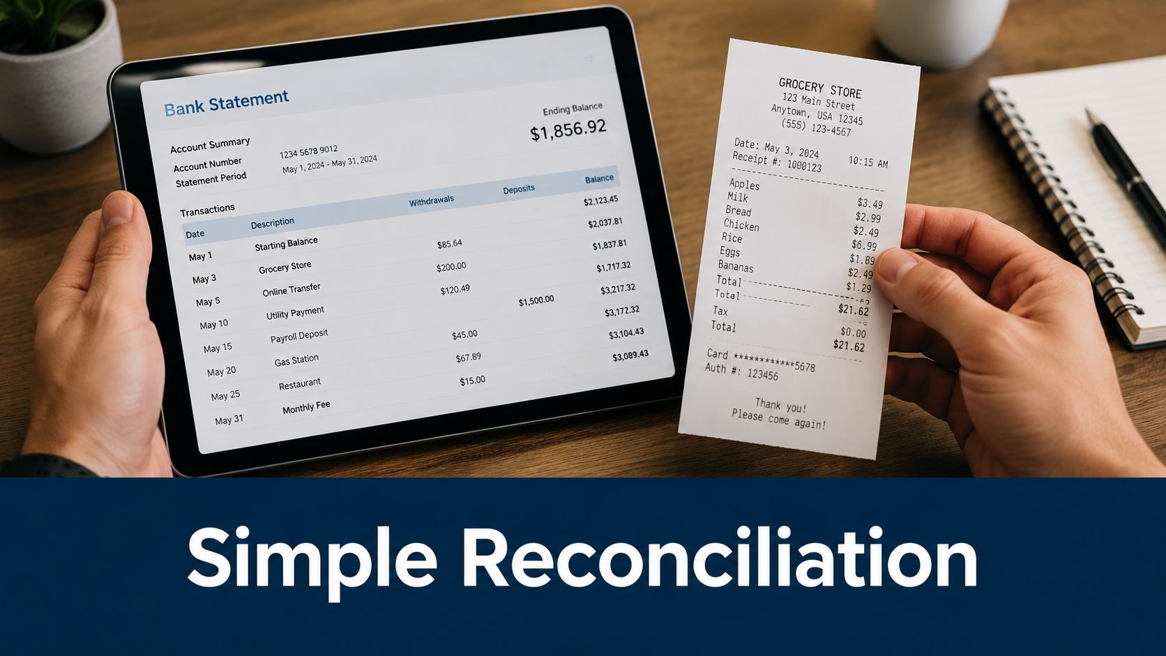 A person reconciling a bank statement on a tablet with a physical grocery receipt for financial tracking.