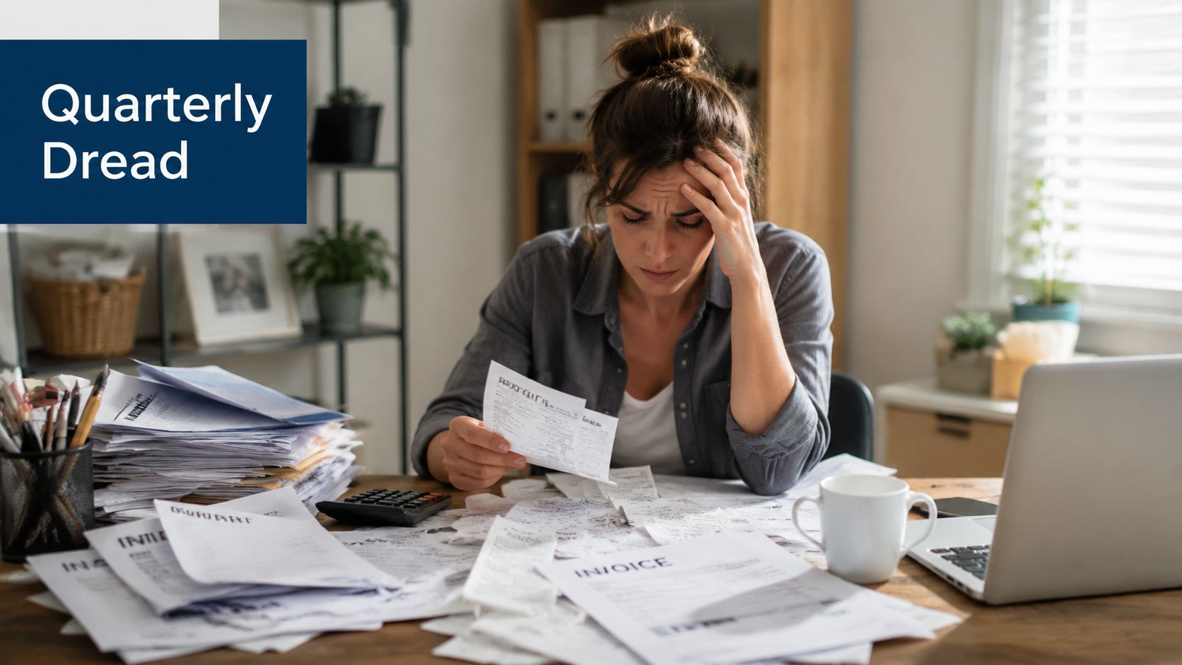 A stressed woman sitting at a desk surrounded by piles of paperwork and invoices while working.