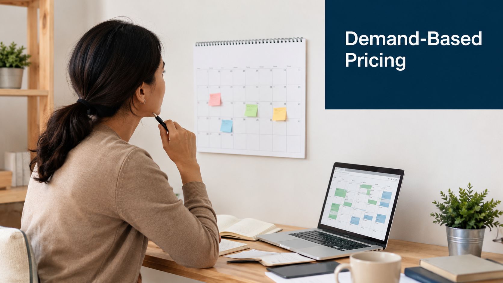 A businesswoman sitting at her desk, thoughtfully looking at a calendar with sticky notes for planning.