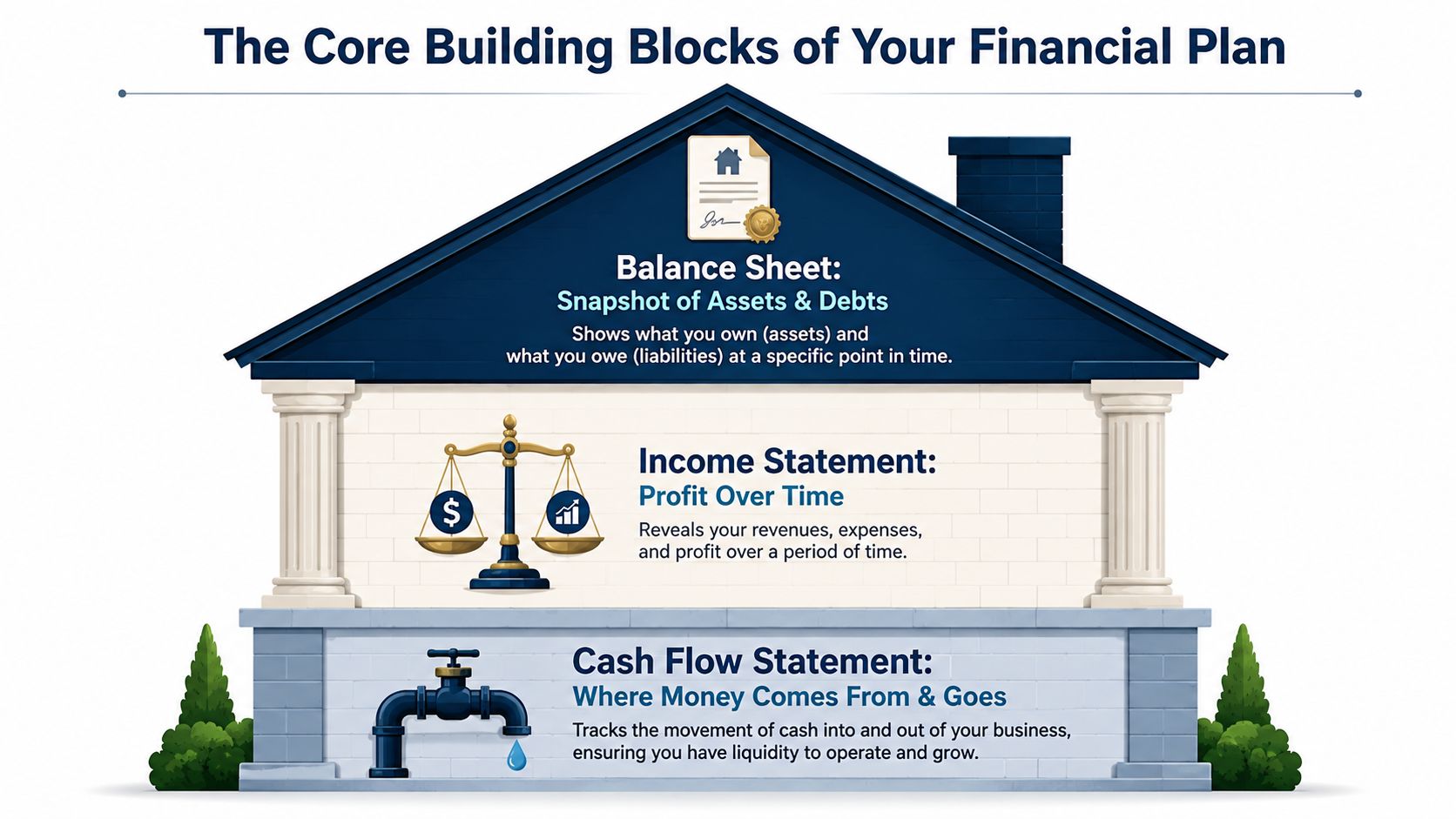 A house illustration representing financial planning concepts: balance sheet, income statement, and cash flow statement.