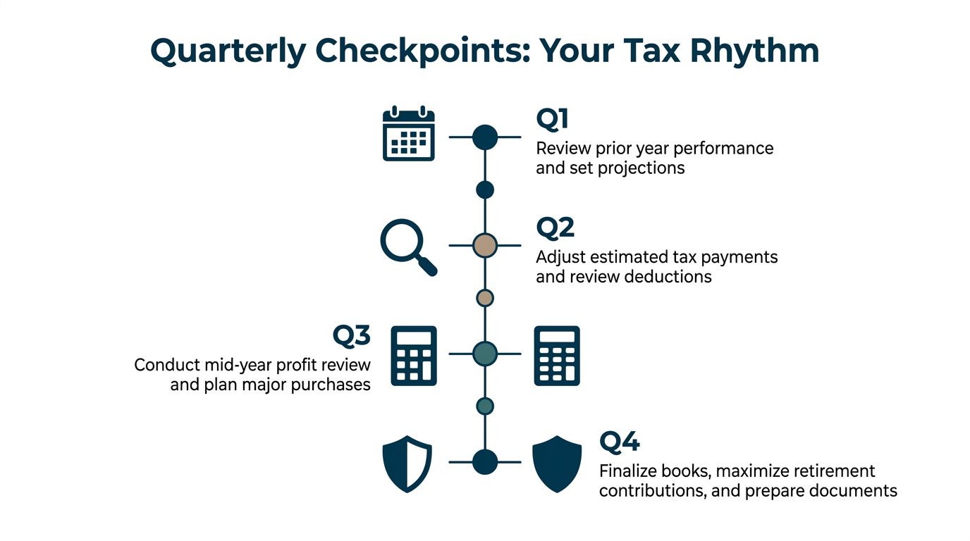 A visual timeline chart illustrating quarterly small business tax planning steps from Q1 through Q4.