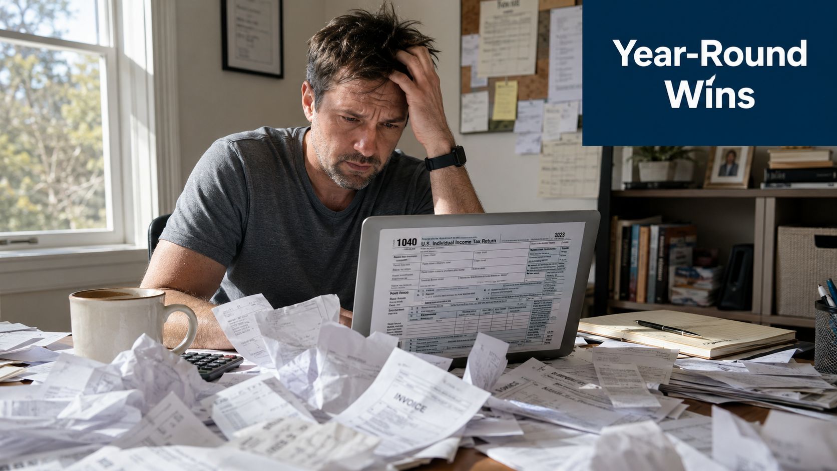 A stressed man sitting at a messy desk looking at a 1040 U.S. individual income tax return.