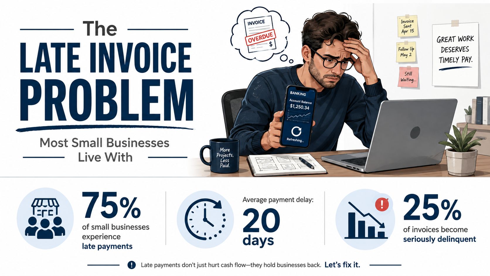 A frustrated professional reviewing an overdue invoice and bank balance while working at a desk.