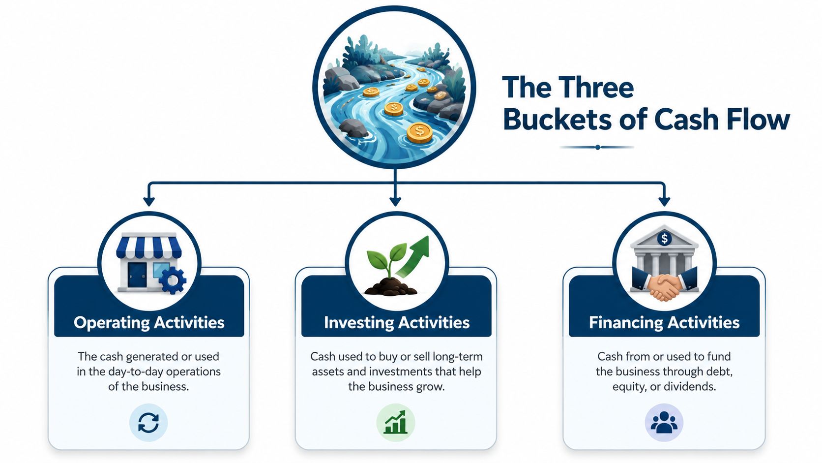 A diagram illustrating the three main types of business cash flow: Operating, Investing, and Financing activities.