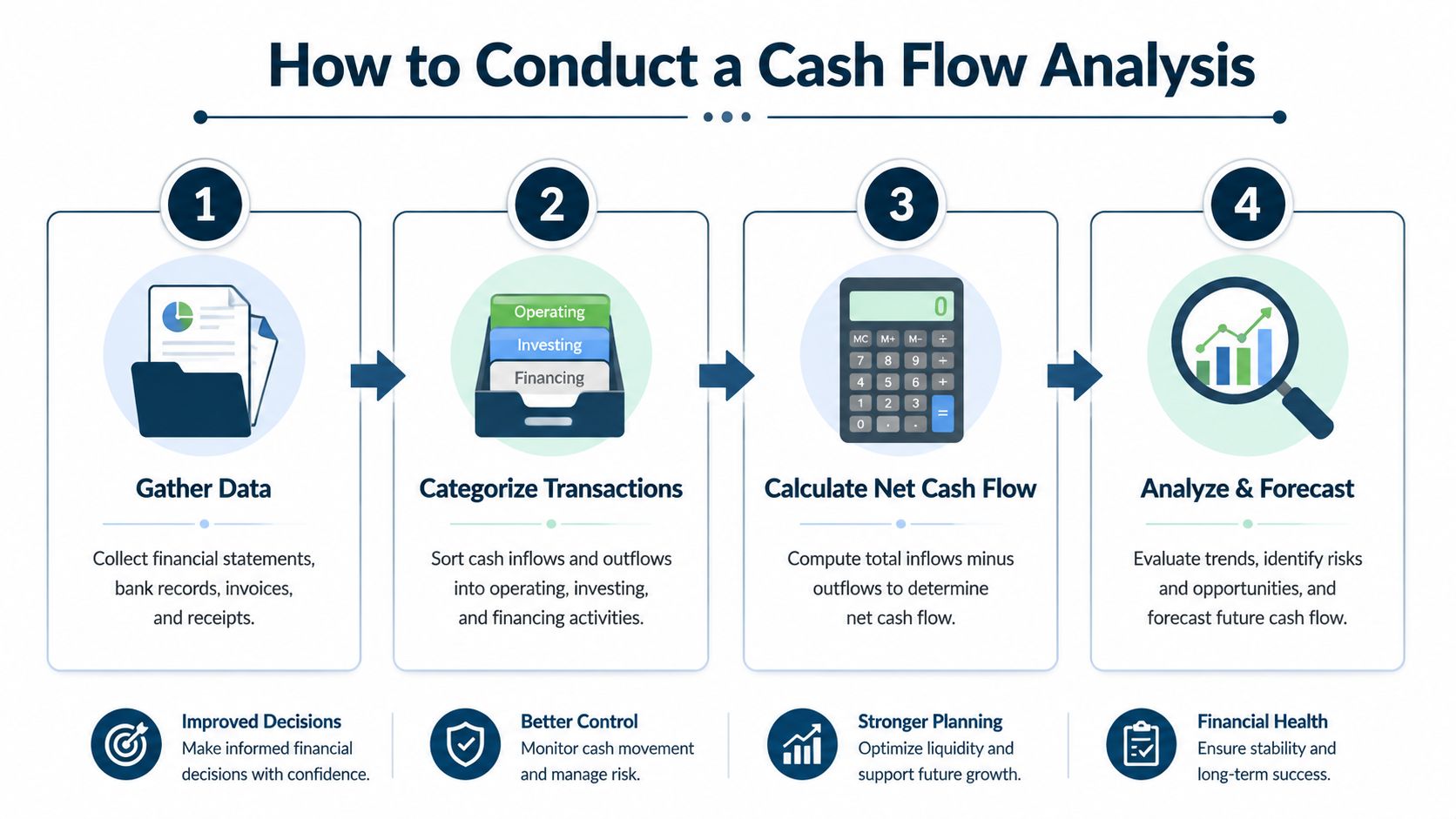 A four-step infographic illustrating the process of conducting a cash flow analysis for businesses.