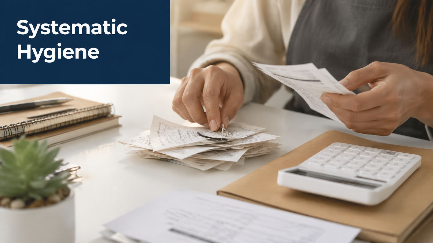 A person sitting at a desk organizing receipts and calculating business expenses with a white calculator.