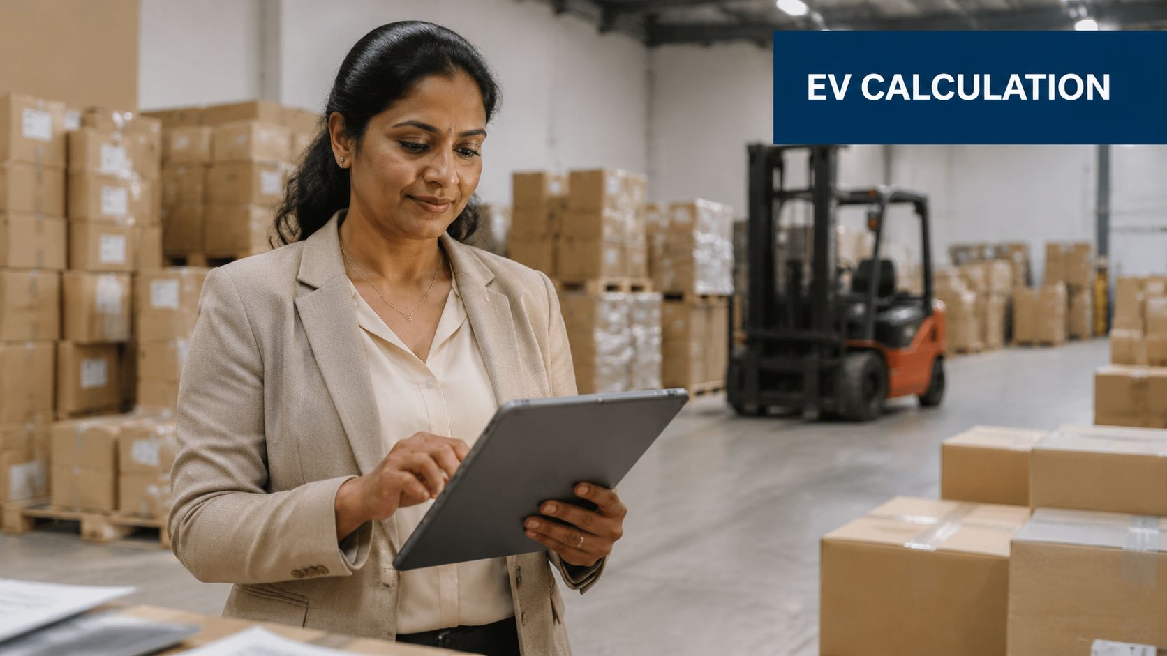 A professional woman uses a tablet in a warehouse, with the text EV CALCULATION visible above.