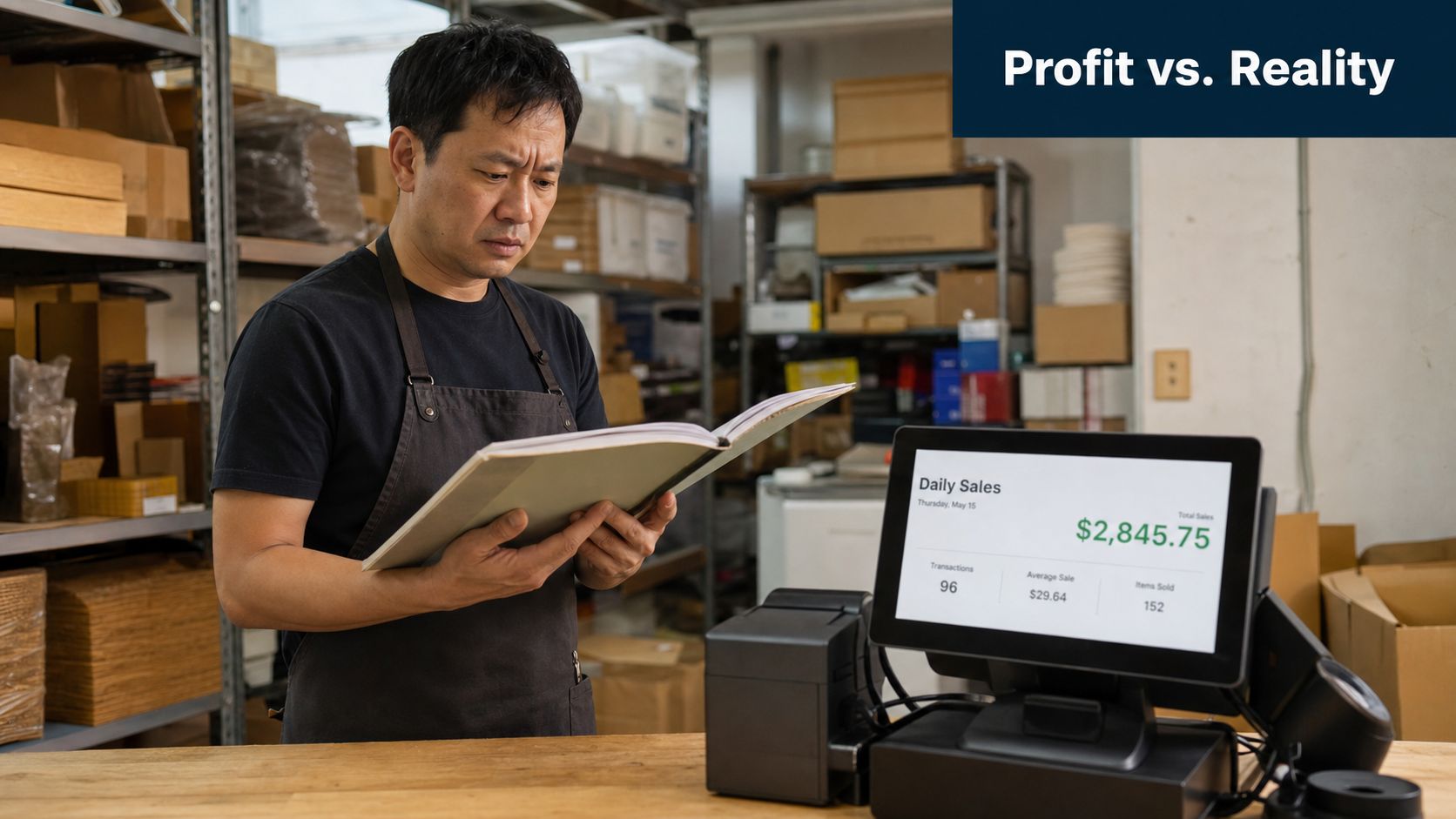 A warehouse owner reviewing business records beside a digital sales terminal displaying daily revenue statistics.