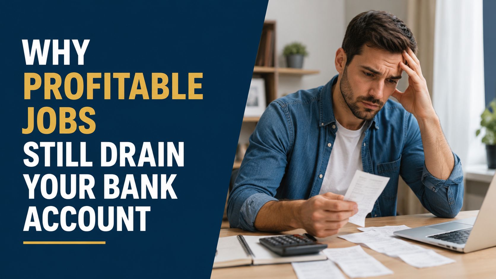 A stressed man looking at financial receipts and a laptop at his desk with a pensive expression.