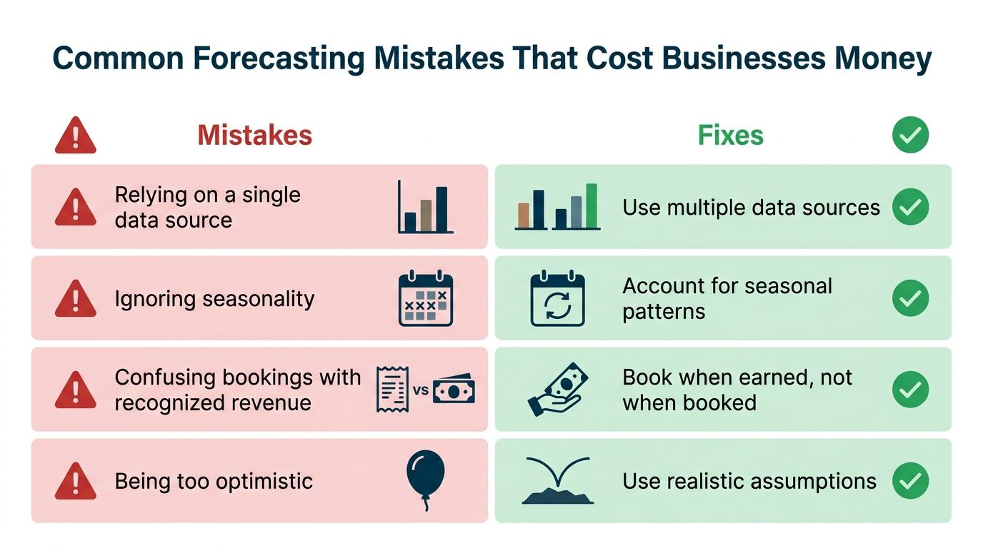 A chart detailing common forecasting mistakes like relying on single data sources versus recommended business fixes.