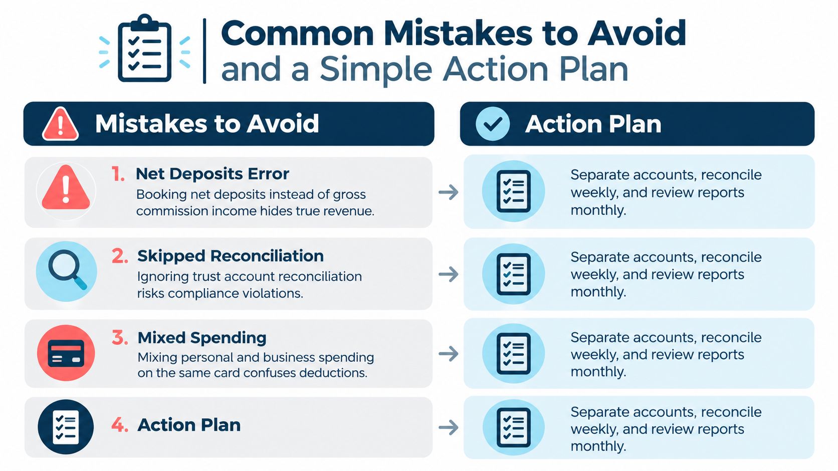A chart illustrating four common accounting mistakes for real estate agents and their corresponding action plans.