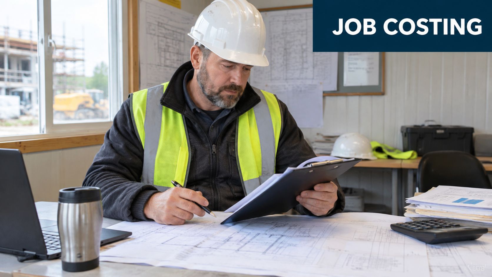 A construction manager in a safety vest and hard hat reviewing blueprints at a desk.