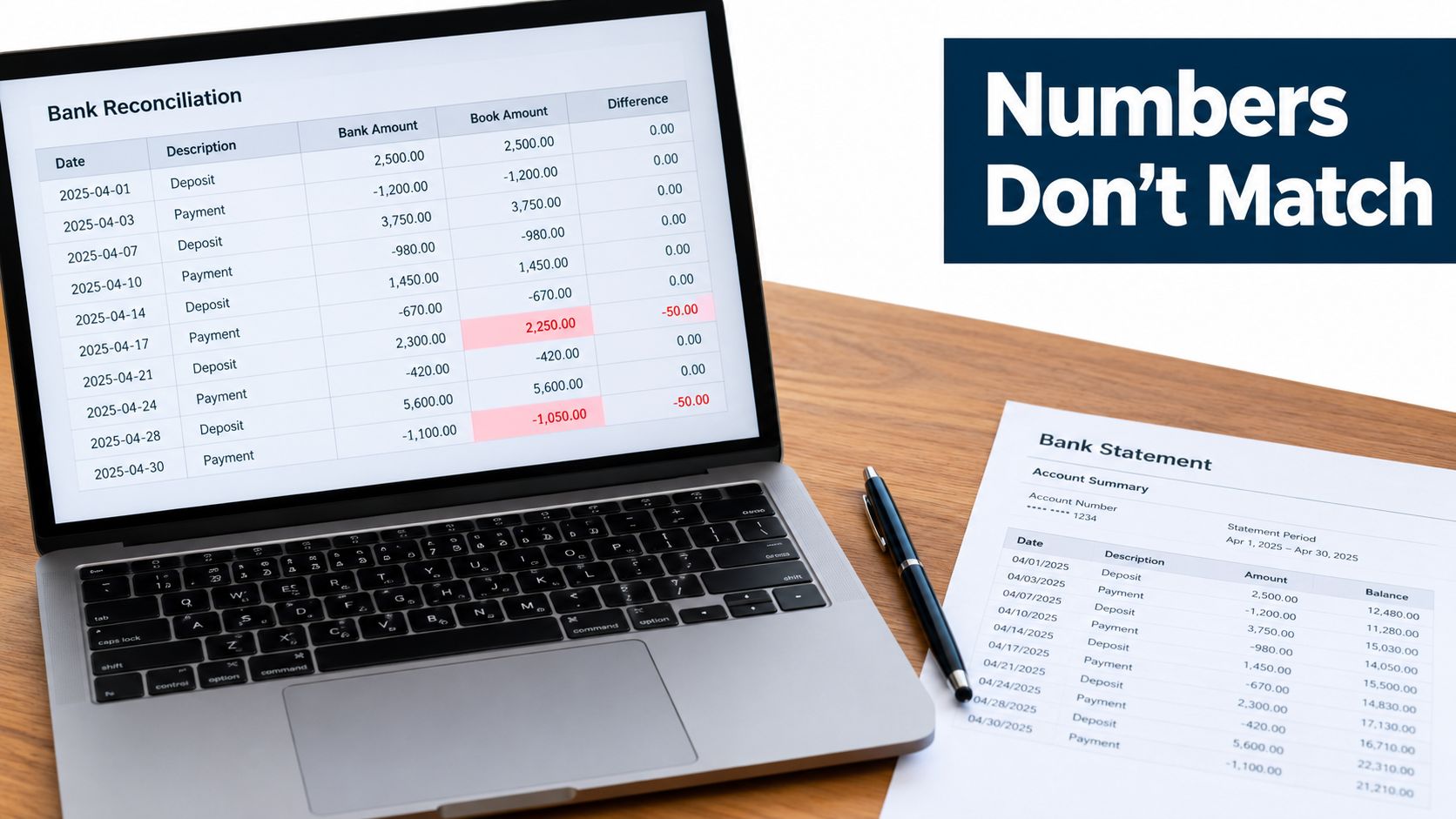 A laptop screen displaying a bank reconciliation spreadsheet next to a physical bank statement on a desk.
