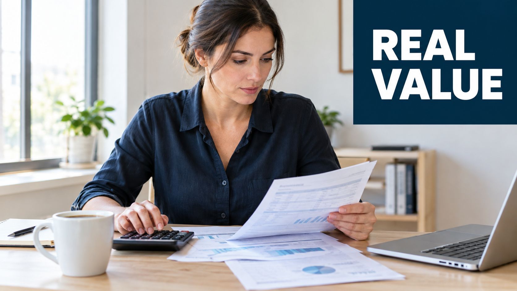 A focused professional woman analyzing financial documents with a calculator and laptop in a bright office setting.