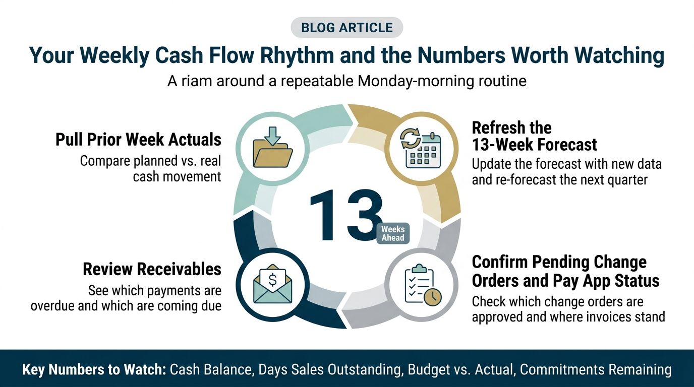 A diagram illustrating a four-step weekly cash flow management routine for businesses with a thirteen-week forecast.