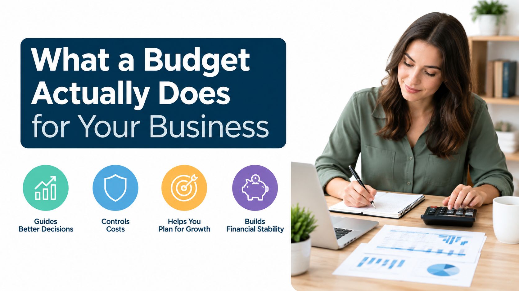 A woman working at her desk with a laptop and calculator, analyzing business budget planning concepts.