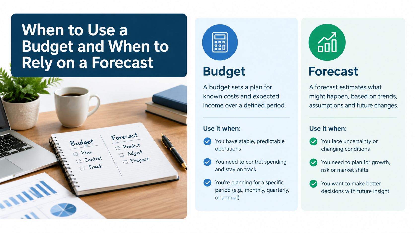 A comparison guide explaining the key differences between business budgeting and forecasting for better financial management.