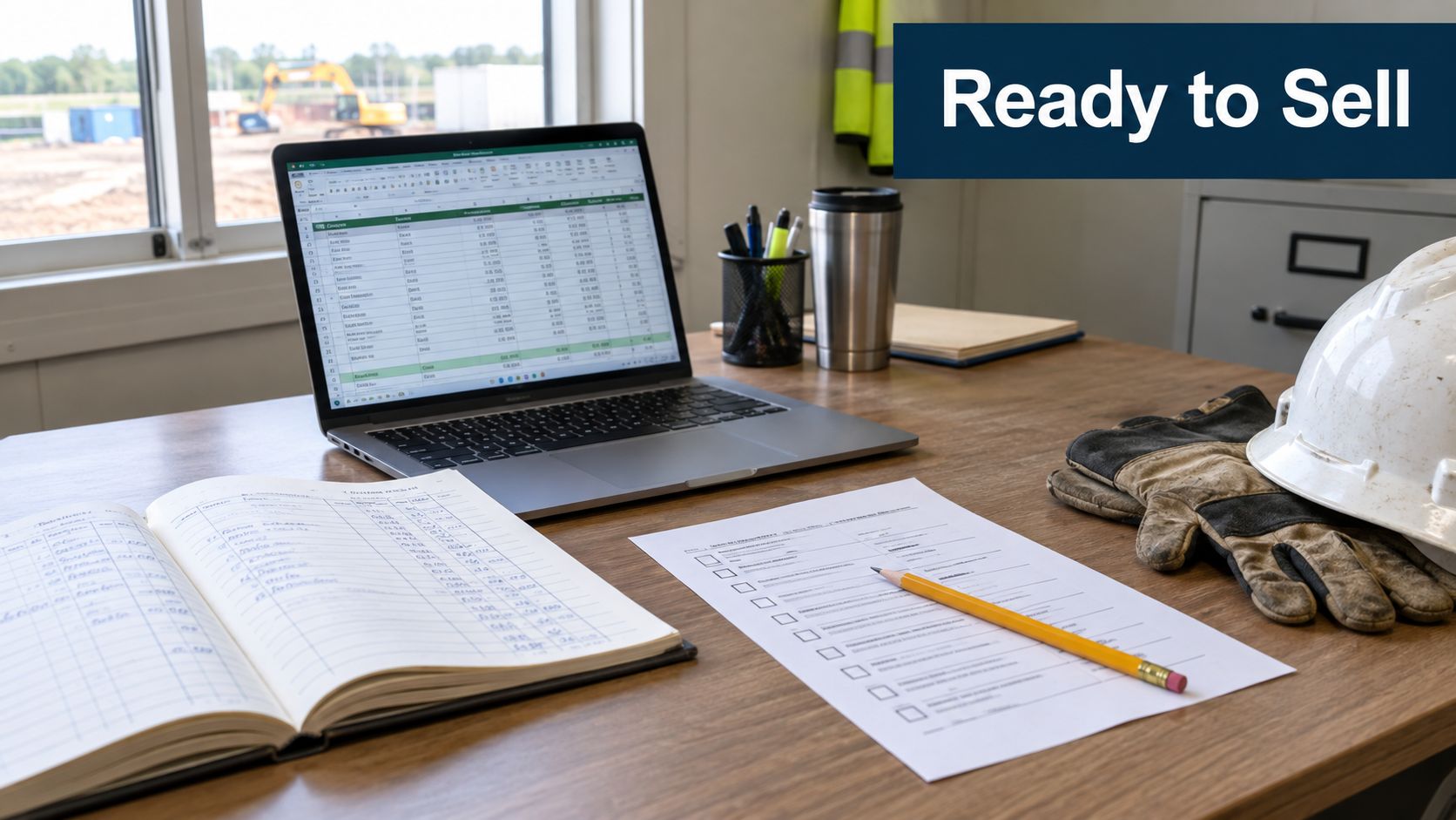 A professional construction office desk featuring a laptop with spreadsheets, a notebook, and safety gear.