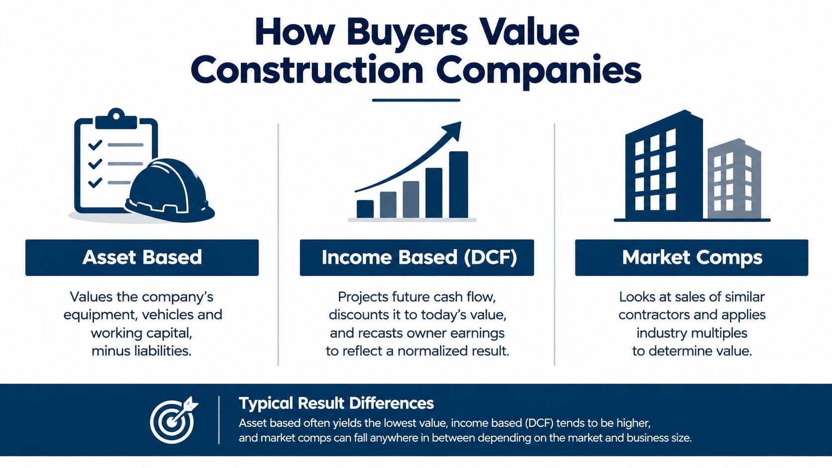 An infographic showing three common methods for valuing construction companies: asset based, income based, and market comparisons.