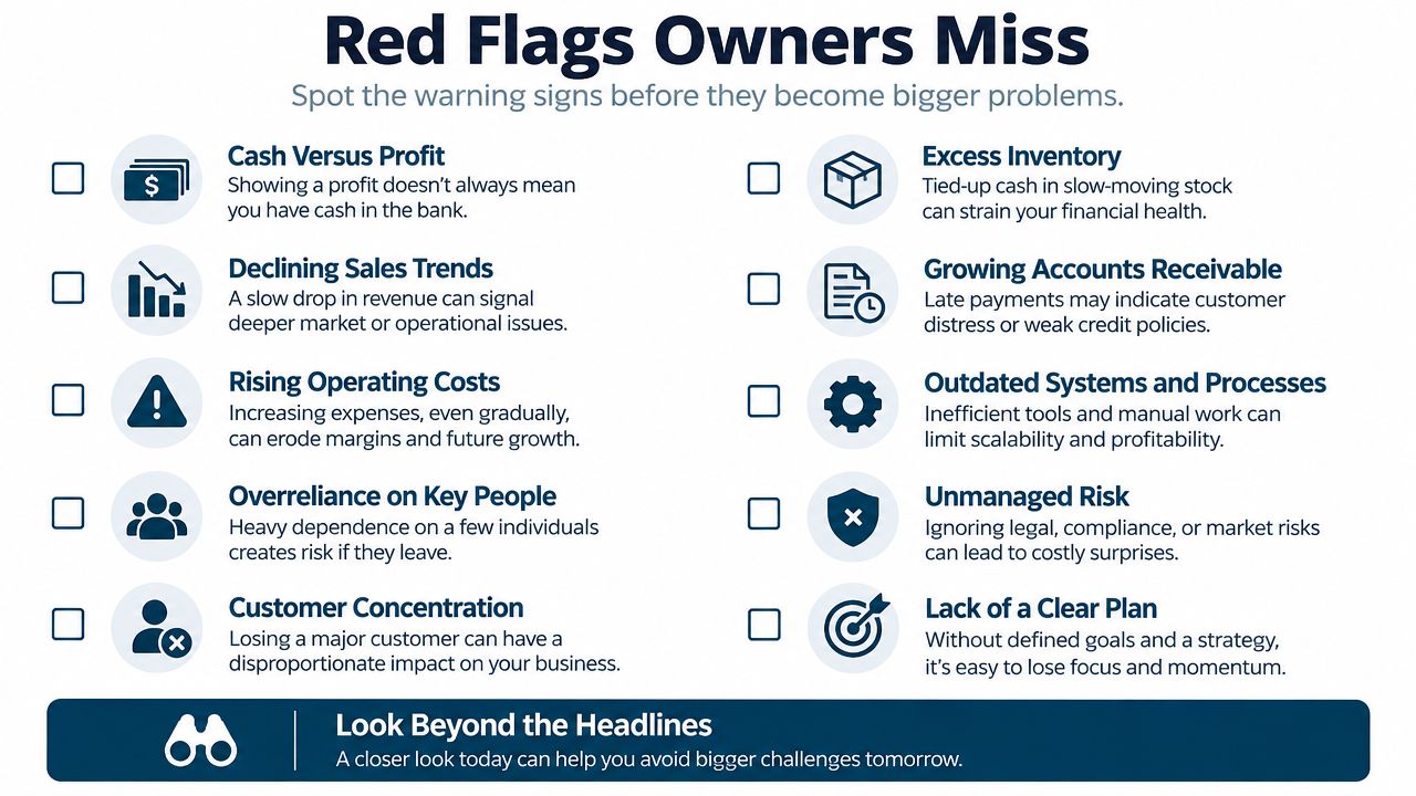 A checklist infographic titled Red Flags Owners Miss highlighting ten critical business warning signs to monitor.
