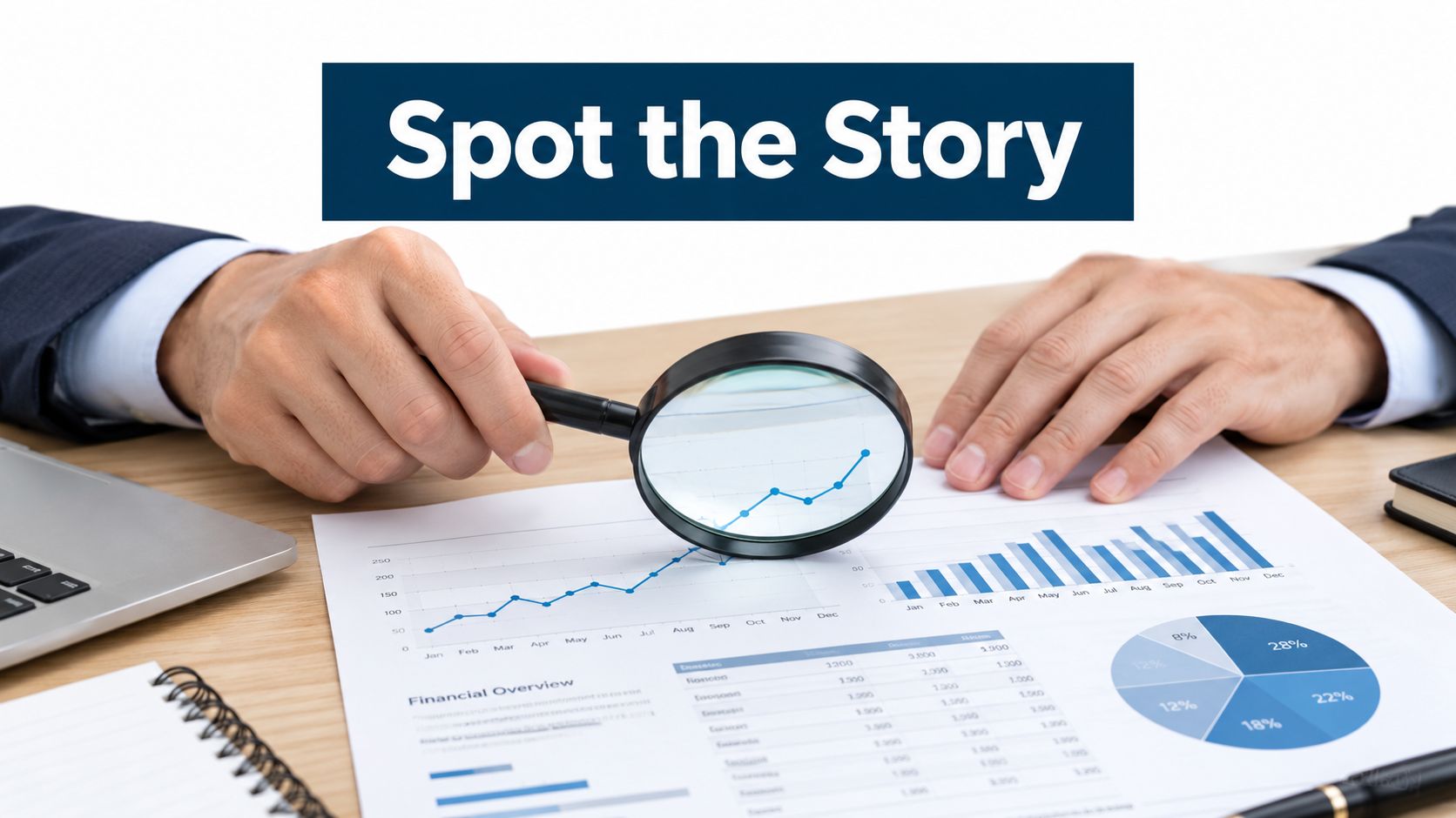 A person analyzing monthly financial statements using a magnifying glass on a wooden desk with a laptop.