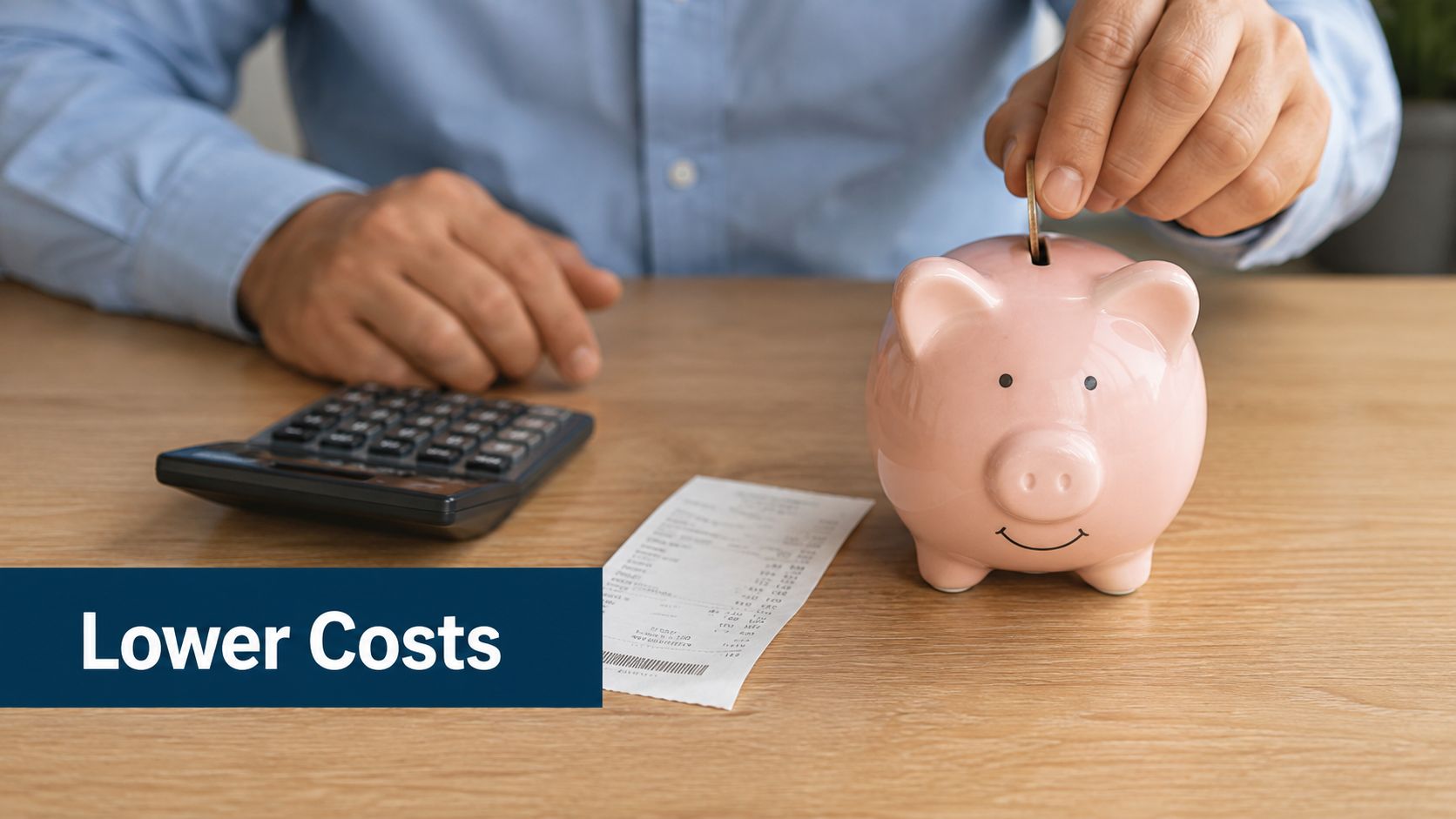 A person placing a coin into a pink piggy bank next to a calculator and a receipt.