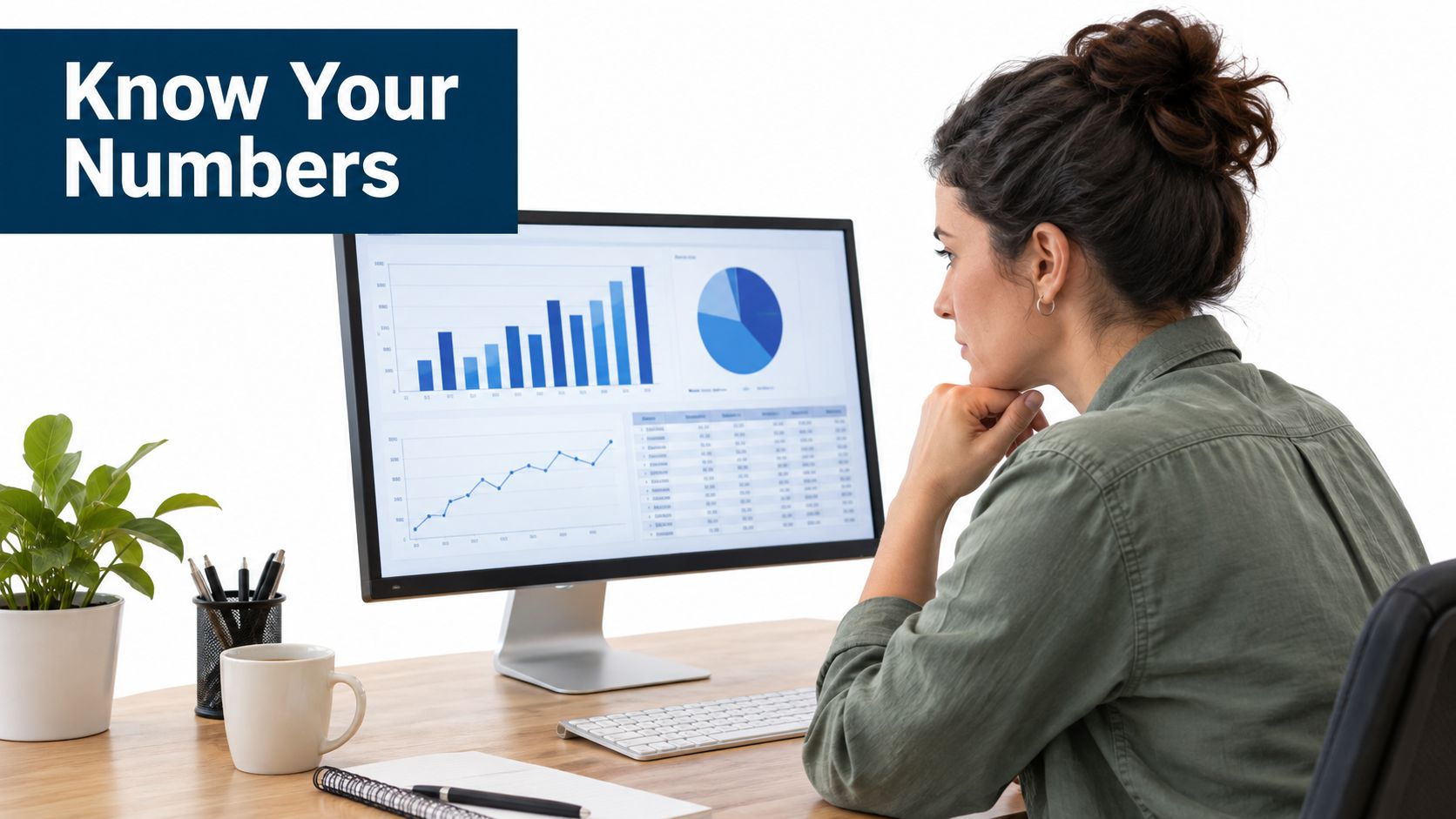 A woman looks at a business profitability dashboard displayed on a desktop monitor in an office.