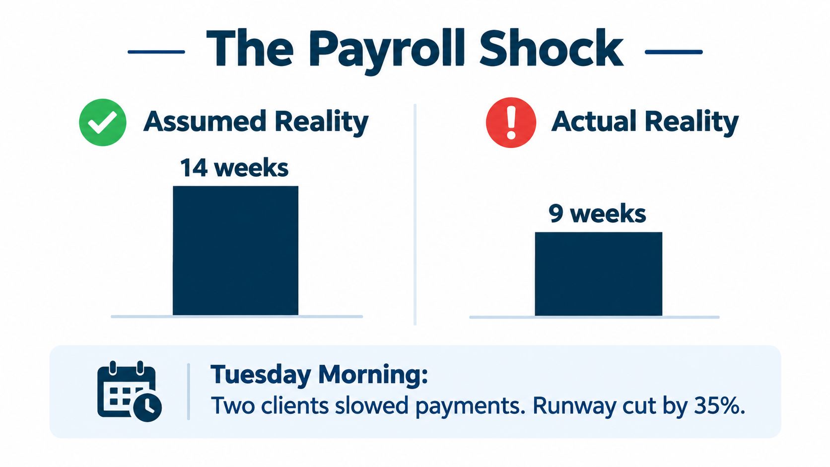 A chart comparing 14 weeks of assumed payroll runway versus 9 weeks of actual runway due to slow payments.