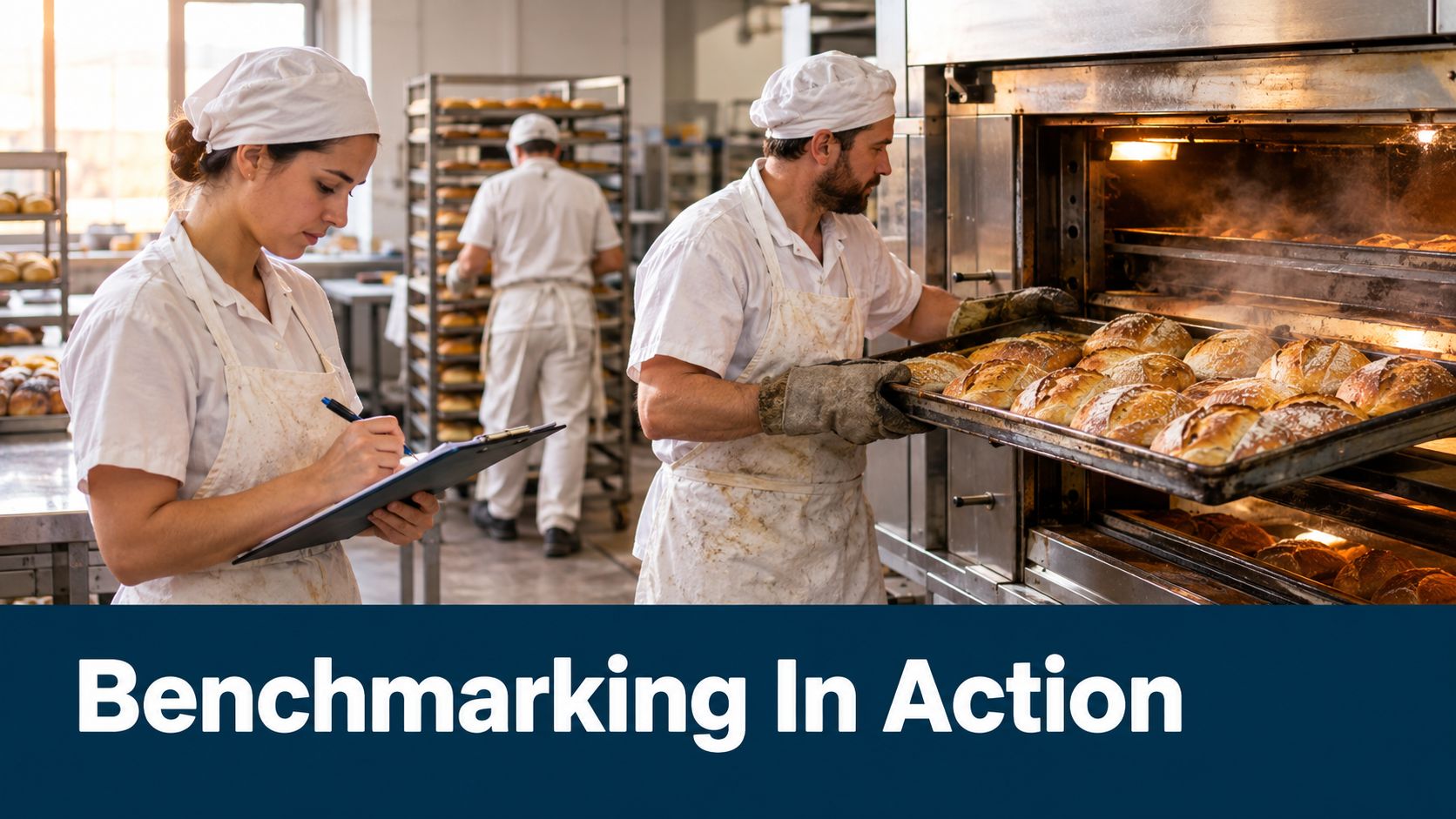 A professional bakery team managing operations and quality control in a commercial kitchen environment.