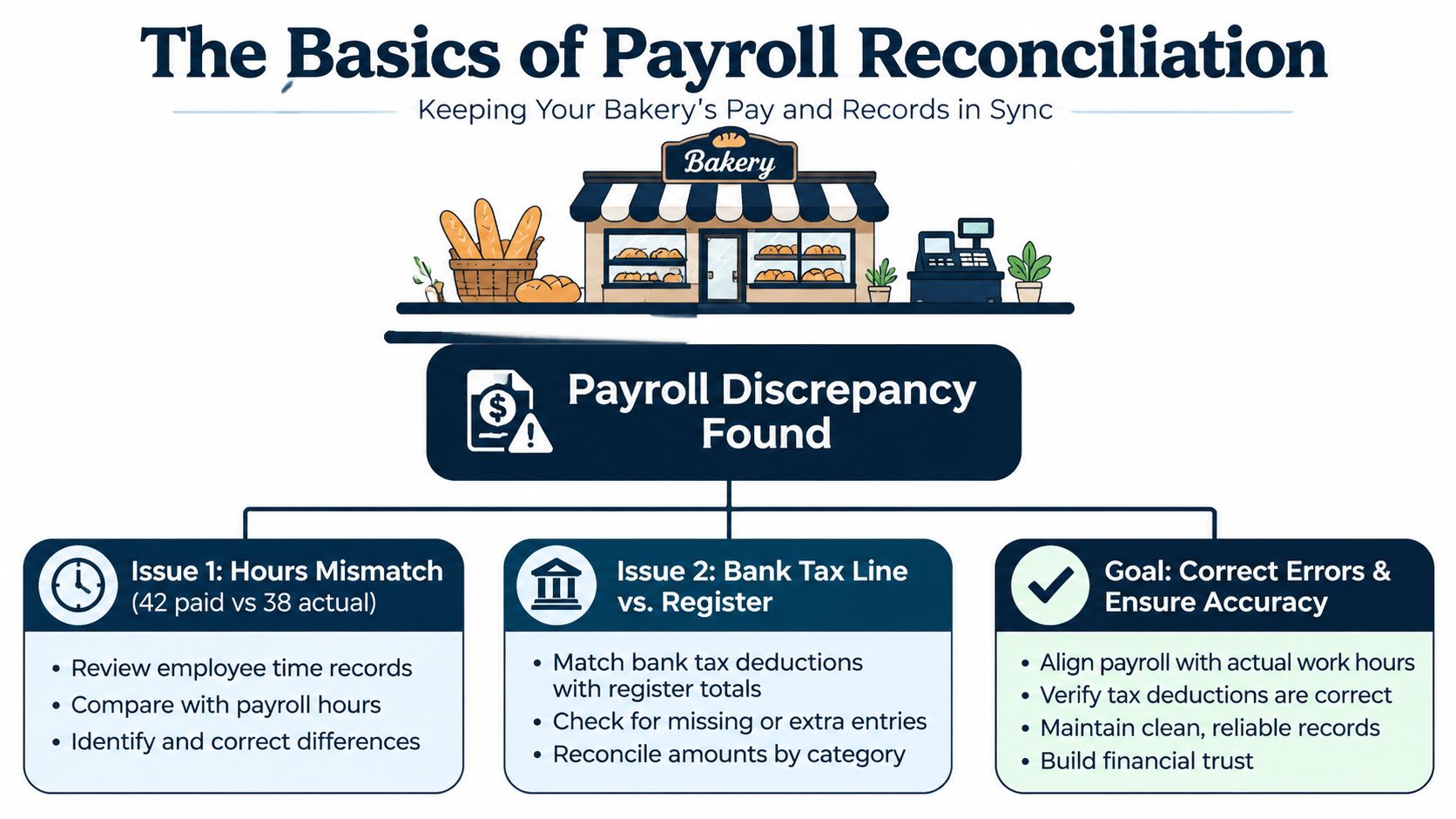 A diagram illustrating the basics of payroll reconciliation with steps to correct discrepancies in a bakery setting.