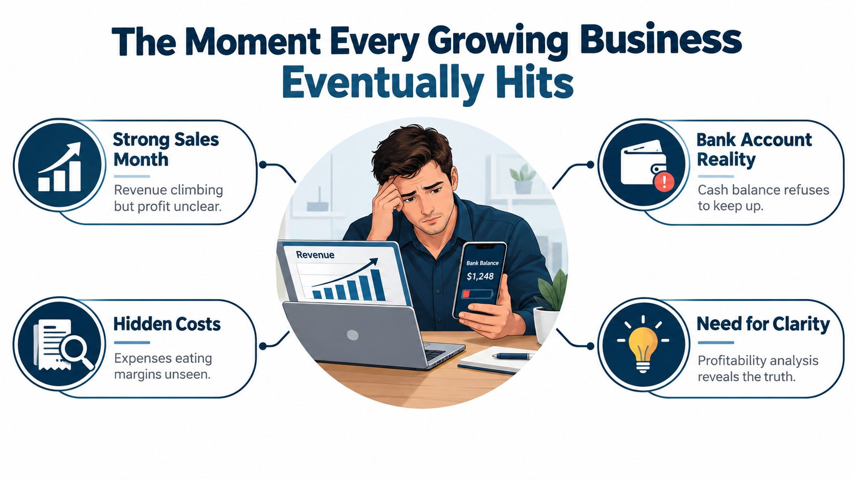 A concerned business owner looking at a laptop and smartphone showing revenue versus low bank balance.