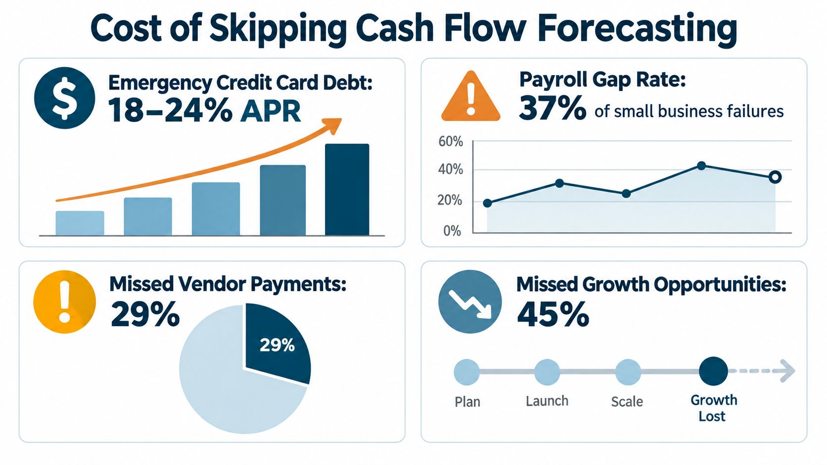 An infographic displaying the financial risks and negative consequences of neglecting cash flow forecasting for small businesses.
