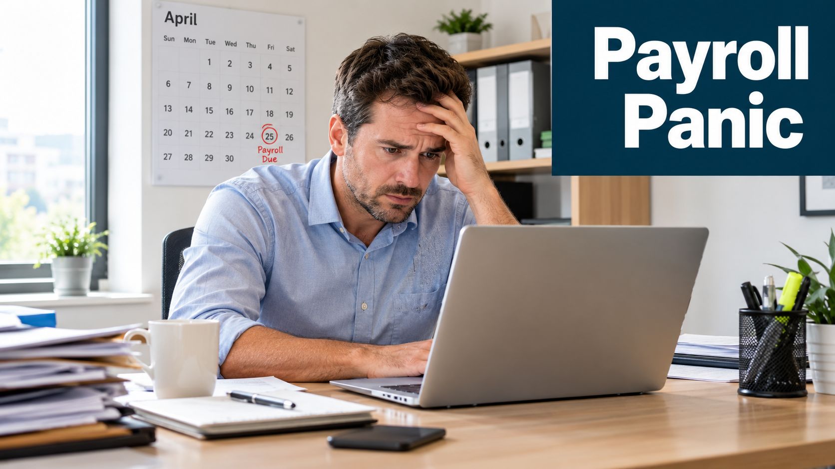 A stressed businessman looks at his laptop with a payroll deadline marked on a calendar.