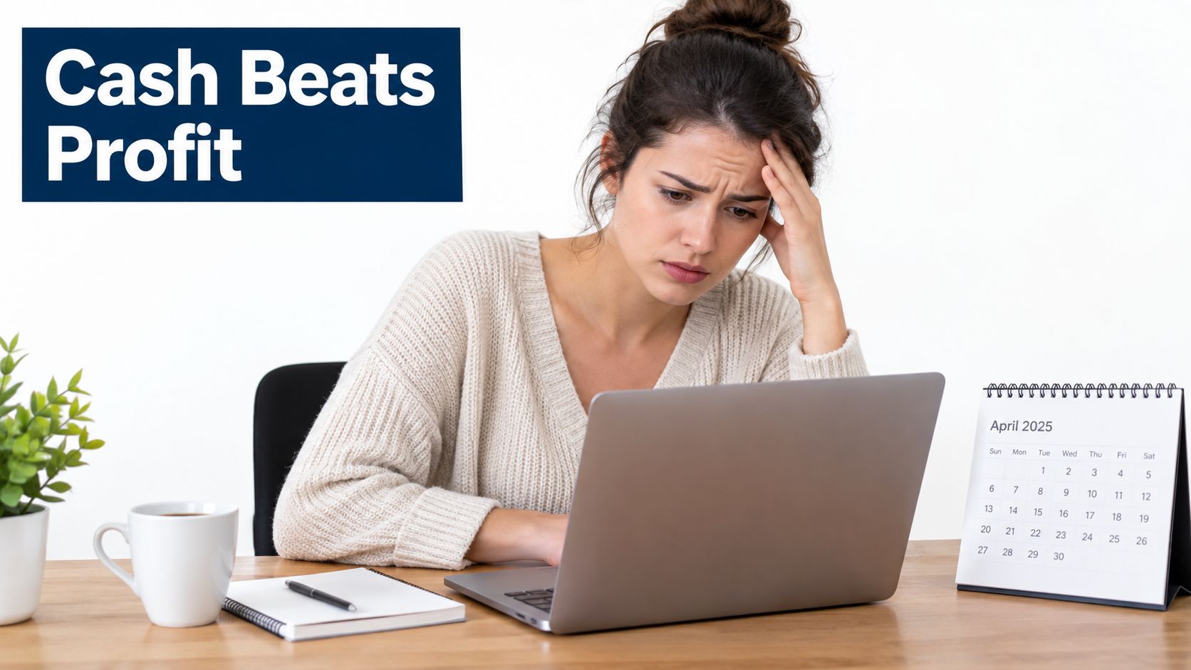 A stressed woman working on her laptop with a calendar and coffee on her desk.