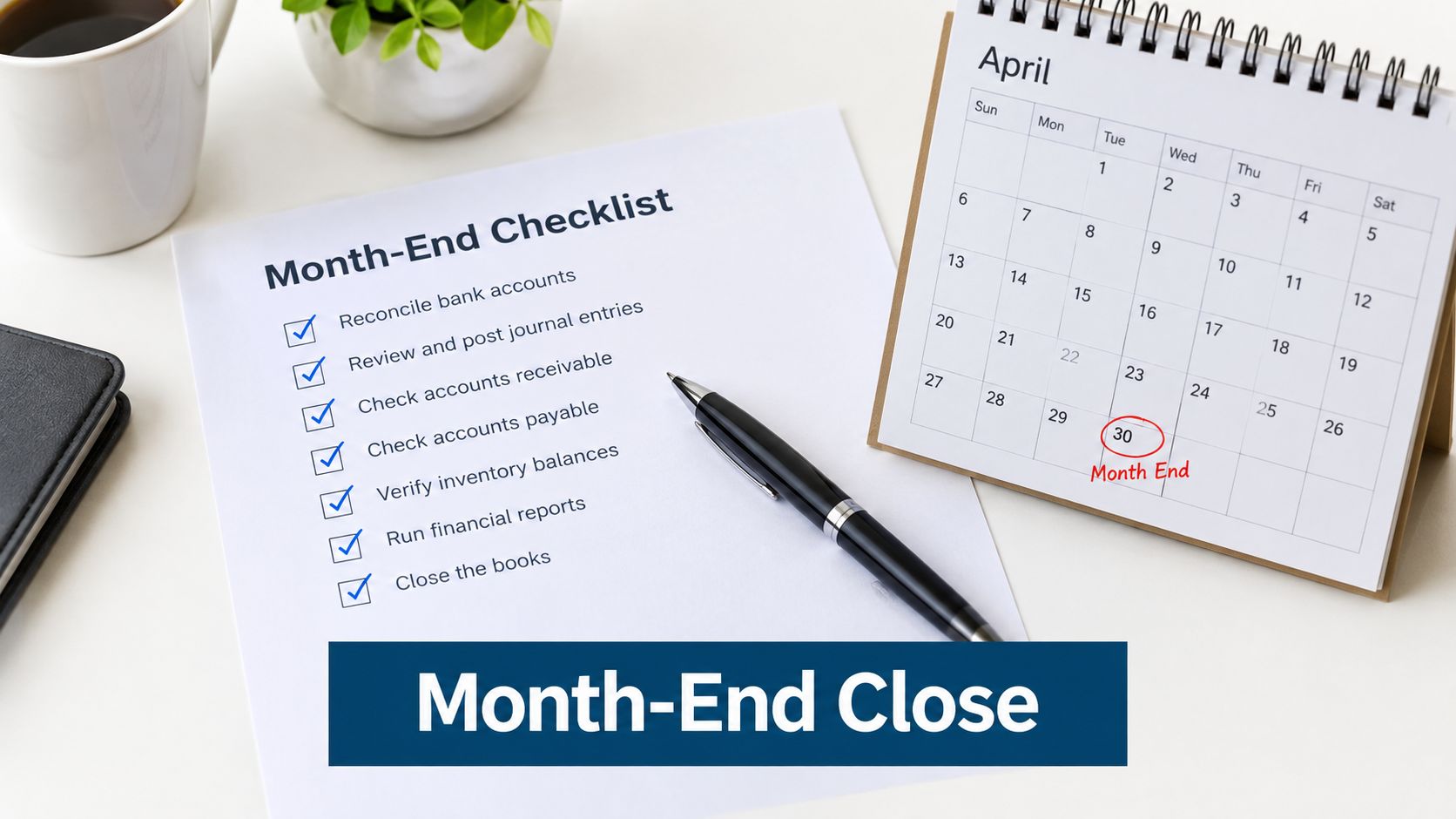 A checklist for month-end accounting tasks sits on a desk next to a calendar with April 30th circled.