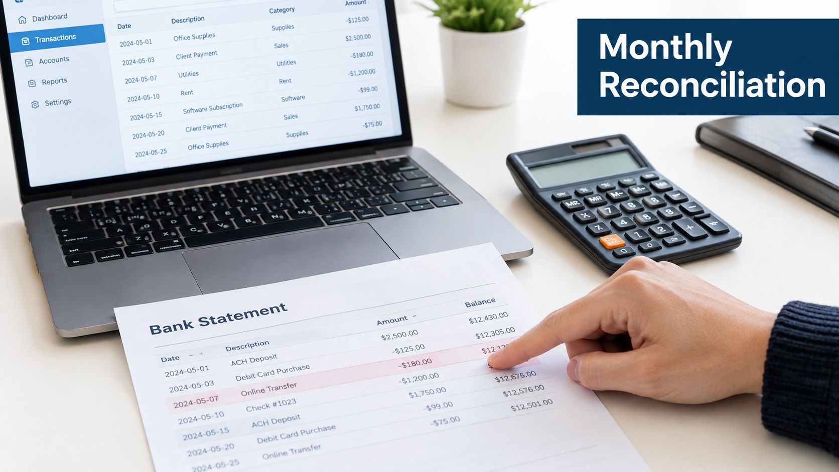 A person reconciling bank statements and transaction records on a laptop computer with a calculator on the desk.