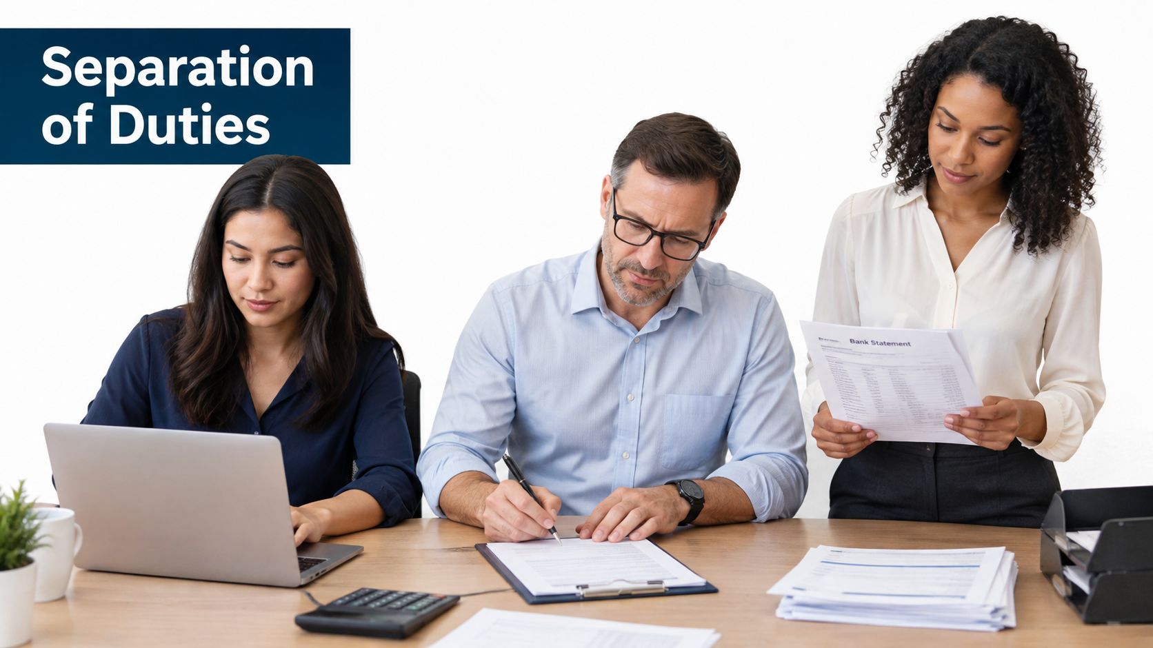 Three professionals collaborating at an office desk to demonstrate the accounting concept of separation of duties.