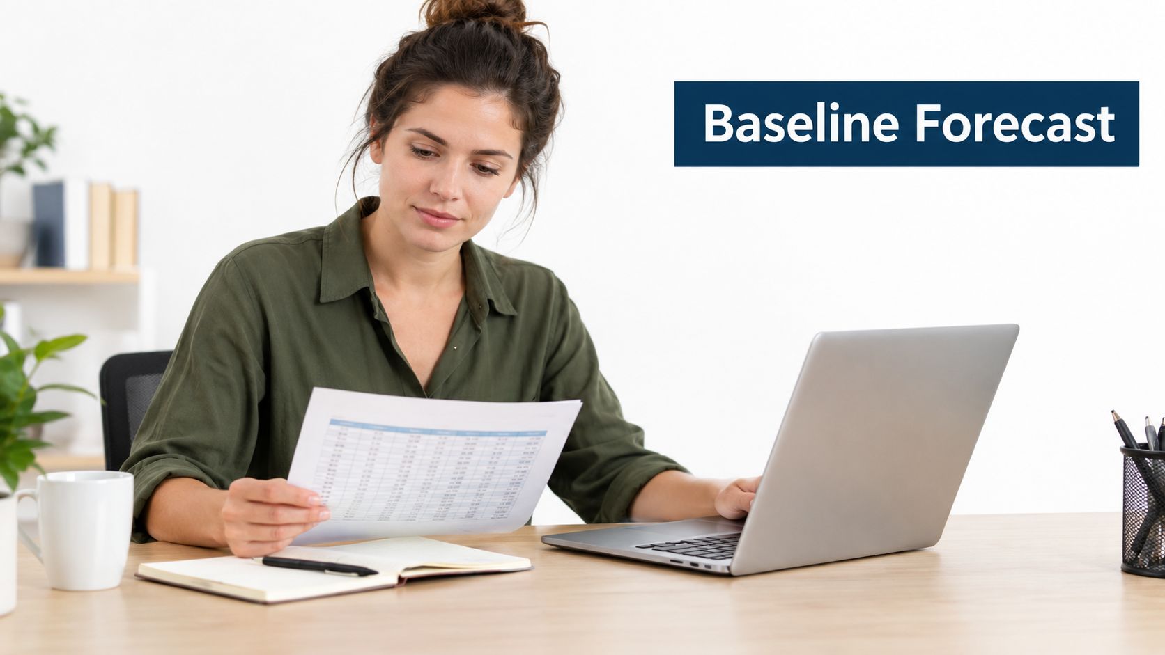 A professional woman at a desk reviewing financial documents and using a laptop for business planning.