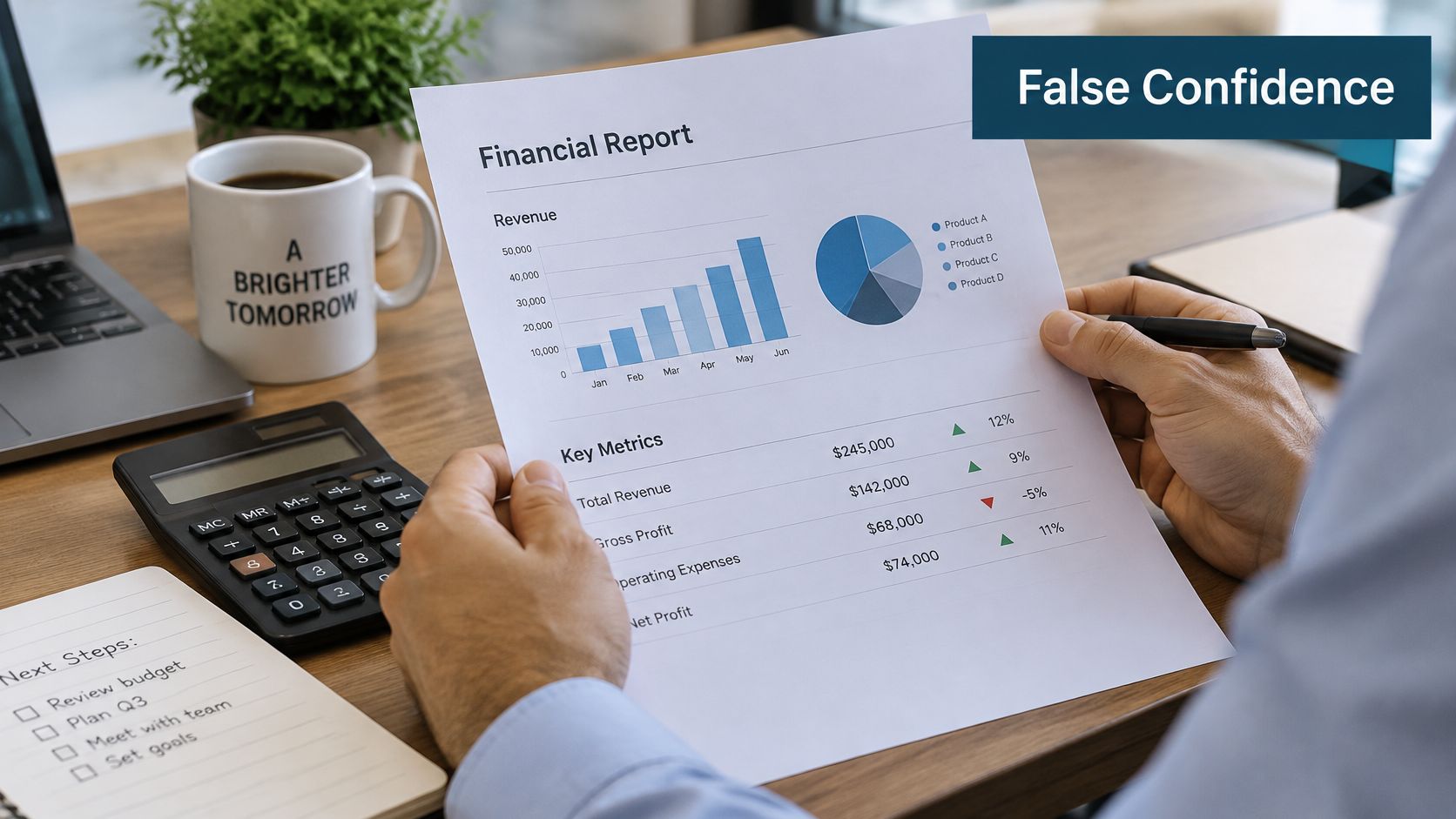 A professional analyzing a financial report paper at an office desk with a calculator and laptop.