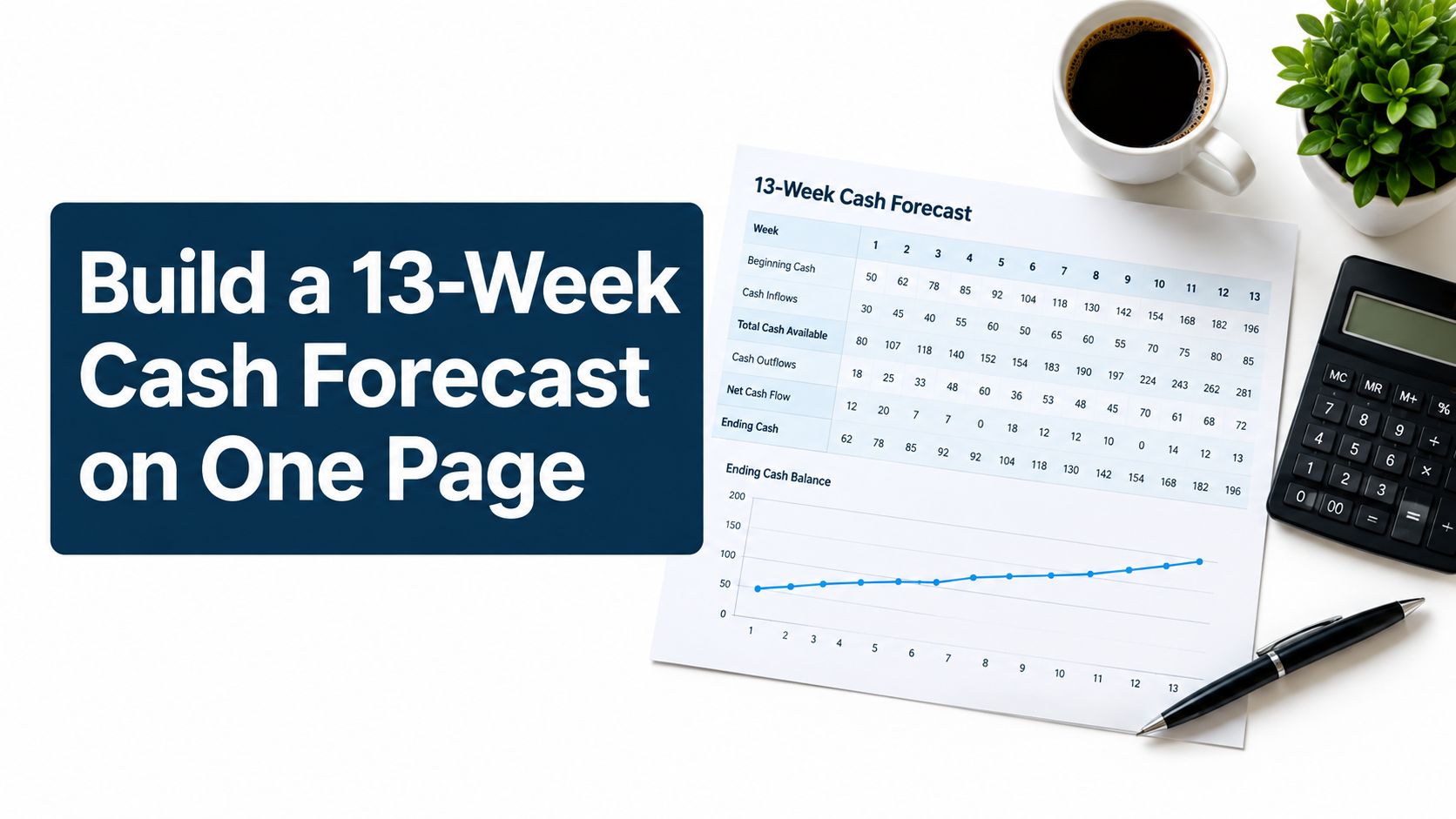 A 13-week cash flow forecast report displayed on paper with a cup of coffee and calculator.