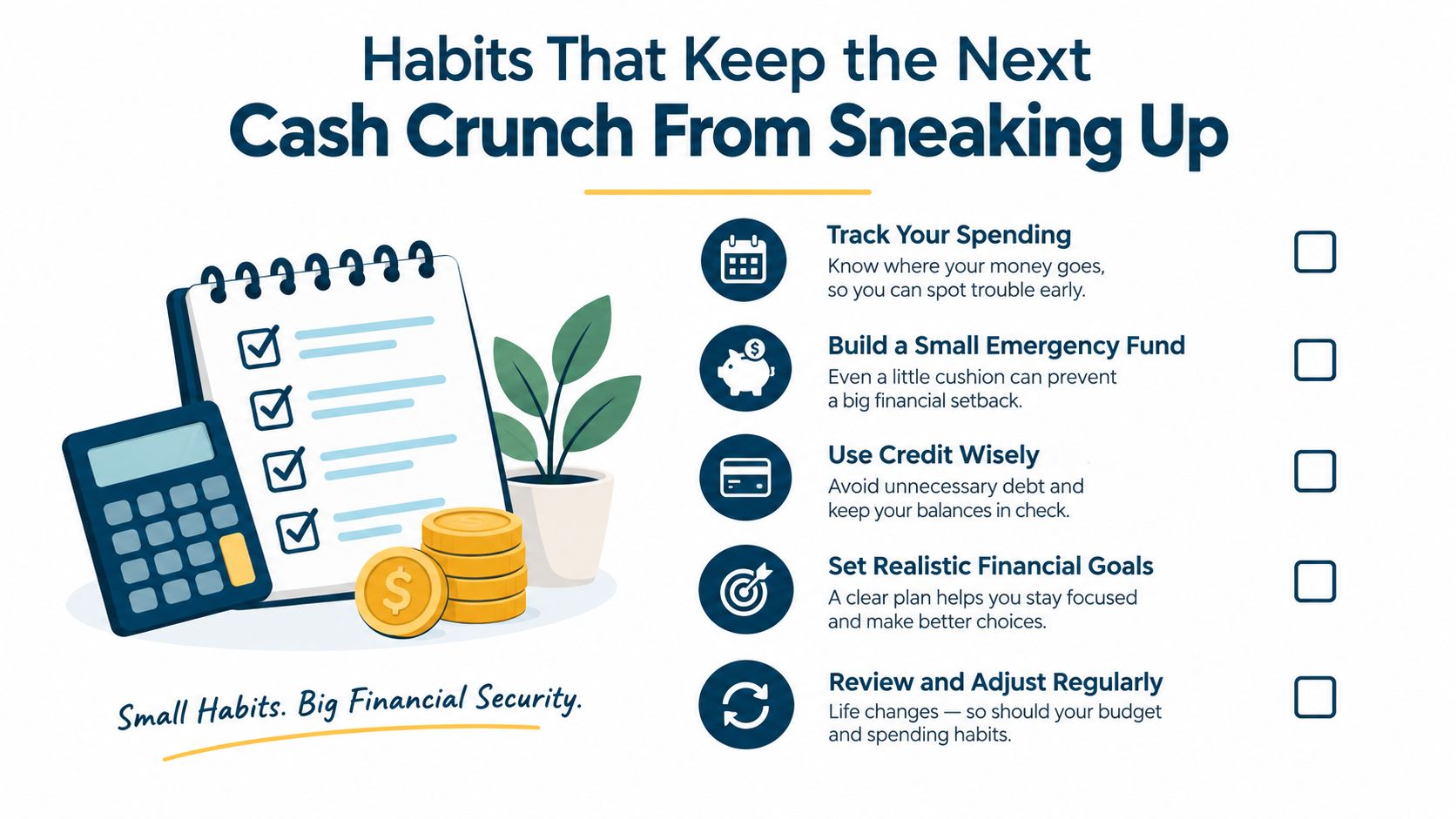 An infographic listing five financial habits to prevent cash crunch, including tracking spending and emergency savings.