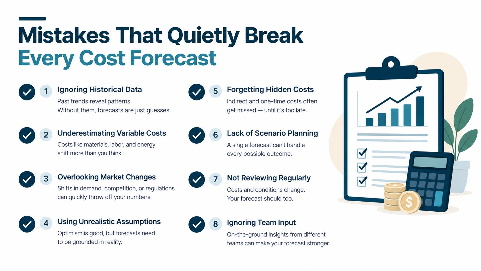 An infographic listing eight common mistakes that lead to inaccurate financial cost forecasting in business planning.