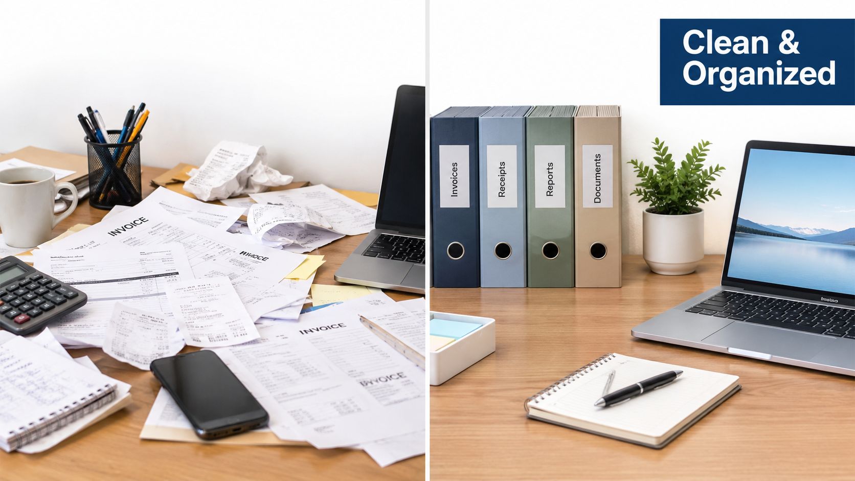A split image showing a cluttered desk full of invoices versus a clean and organized workspace.
